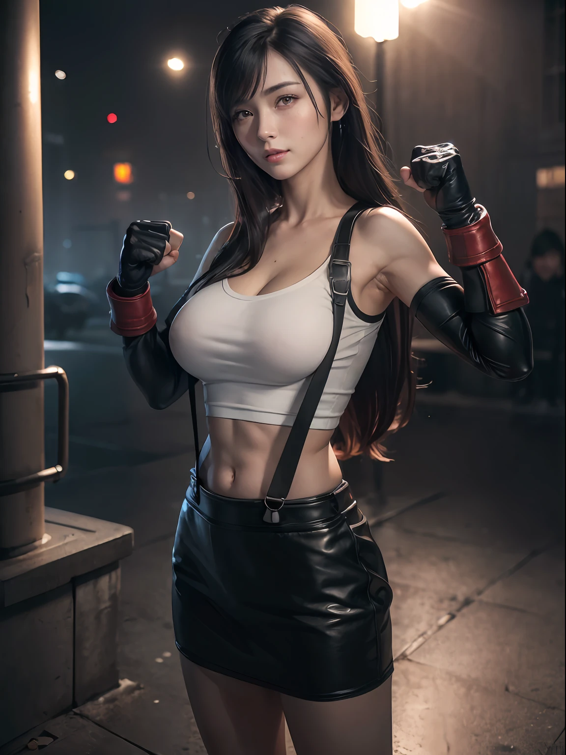 (masterpiece, best quality:1.4), (future days), (fighting pose:1.5), (1girl:1.2), (solo), (red iris:1.5), (european youth:1), defTifa, white crop top, elbow pad, fingerless gloves, suspenders, pencil skirt, black socks, red boots, full body, medium breast, looking at viewer, sexy smile, futuristic city at night, beautiful face, highly detailed face, highly detailed eyes, highly detailed skin, skin pores, subsurface scattering, realistic pupils, medium breast, full face blush, full lips, detailed background, sfw, depth of field, volumetric lighting, sharp focus, absurdres, realistic proportions, good anatomy, (realistic, hyperrealistic:1.4), 16k hdr,
