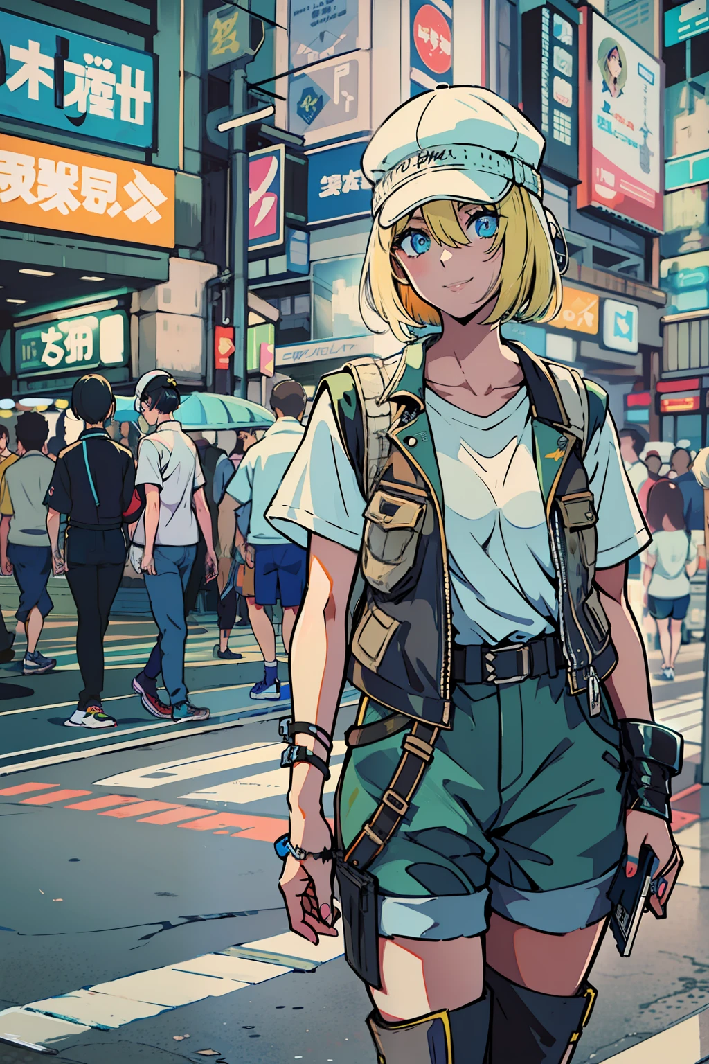 Beautiful woman medium hair、hated、cyberpunked、a short bob、a blond、White Summer Knitted Cap、 odd eye、blue right eye、Green left eye、Blue Leather Vest、Long white T-shirt、White Cargo Pants、Black Engineer Boots、head phone、Holding a pistol in his right hand、Sprint、In front of Shibuya Station、natta、Well-formed fingertips of both hands、Full body like、Colossal tits、A smile、Extend your left hand to us
