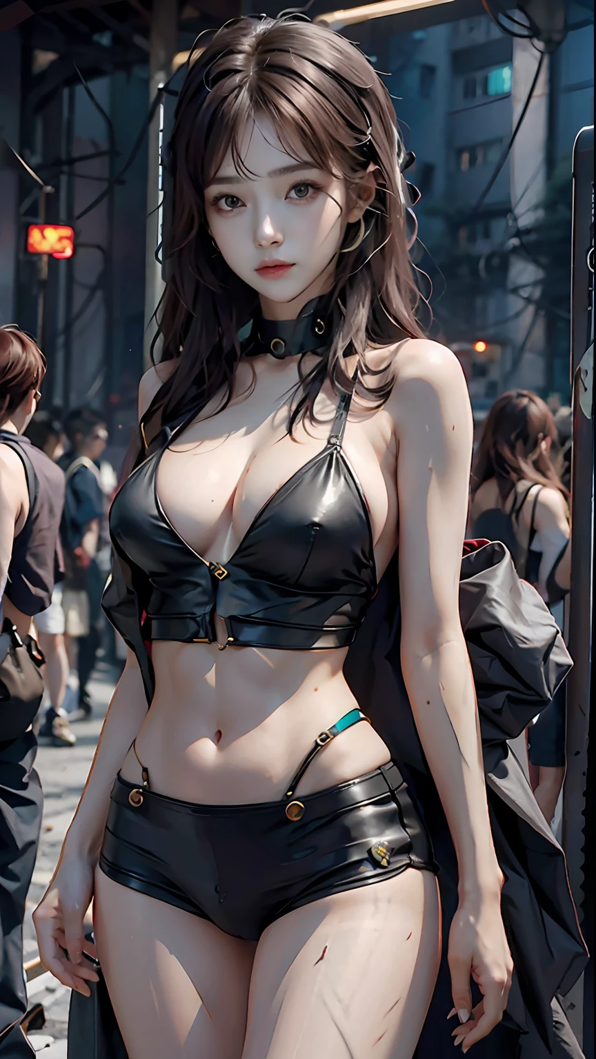 Beautiful woman medium hair, wearing cap, cyberpunk style short clothes