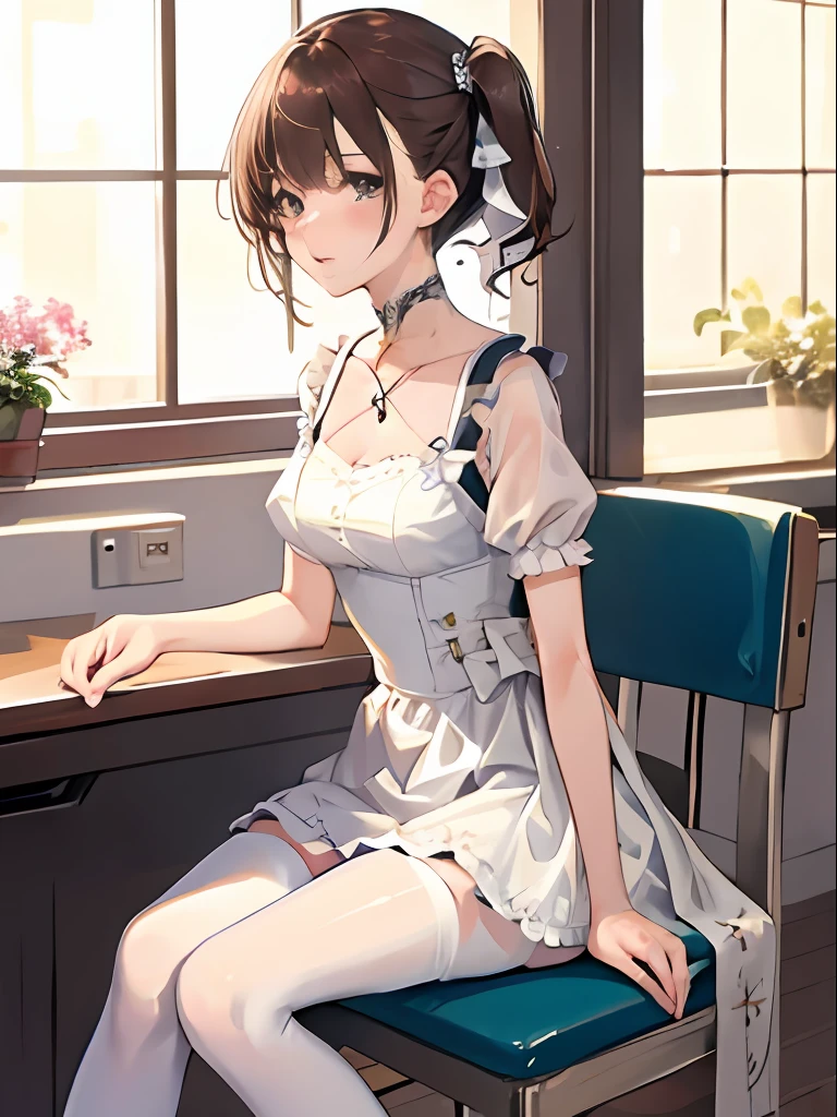 tmasterpiece,Best quality at best,kinomoto_sakura,Girly style,laced dress,pastel colour,Estampados florales,high waist skirt,ballet flats,Exquisite accessories,Cafe,inside in room,high tea,sitting down,desks,a young beautiful girl,greene eyes,with short brown hair,ultra - detailed,offcial art,Unity 8k壁纸,Fashion impurities,White stockings