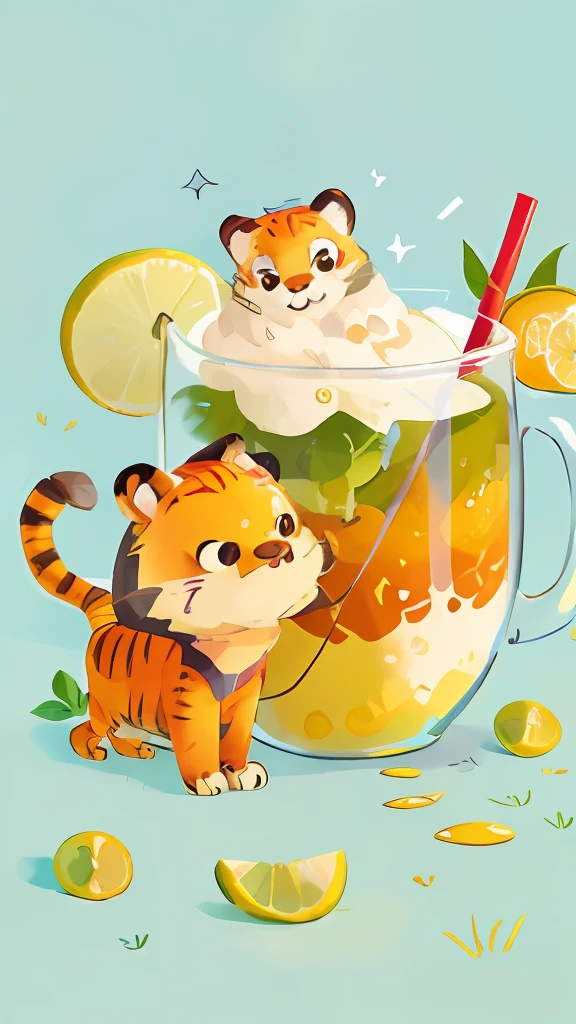 autumnal,Cartoon tiger,Perfume lemon,Green lemon,milk tea,The background color value#FFF3A1,Illustration style