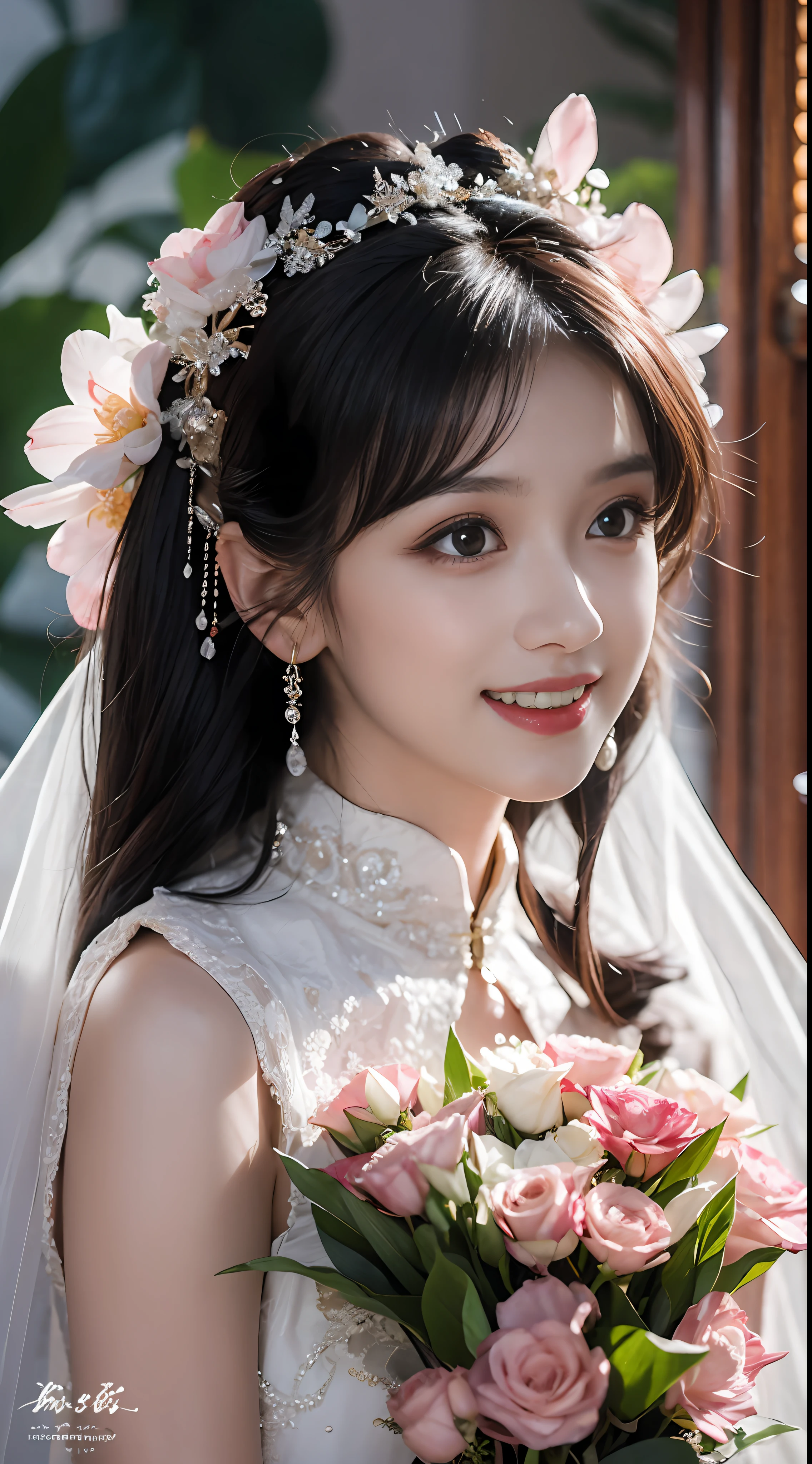 Wedding beauty, character details refinement, wedding dress detail refinement, photomicrograph, high angle, soft light photo, oriental classical beauty, hair bundle, towering headdress, red bridal wedding dress, red hood, real three-dimensional, natural facial expression, natural eyes, smile, highlight the happy mood when married, no background