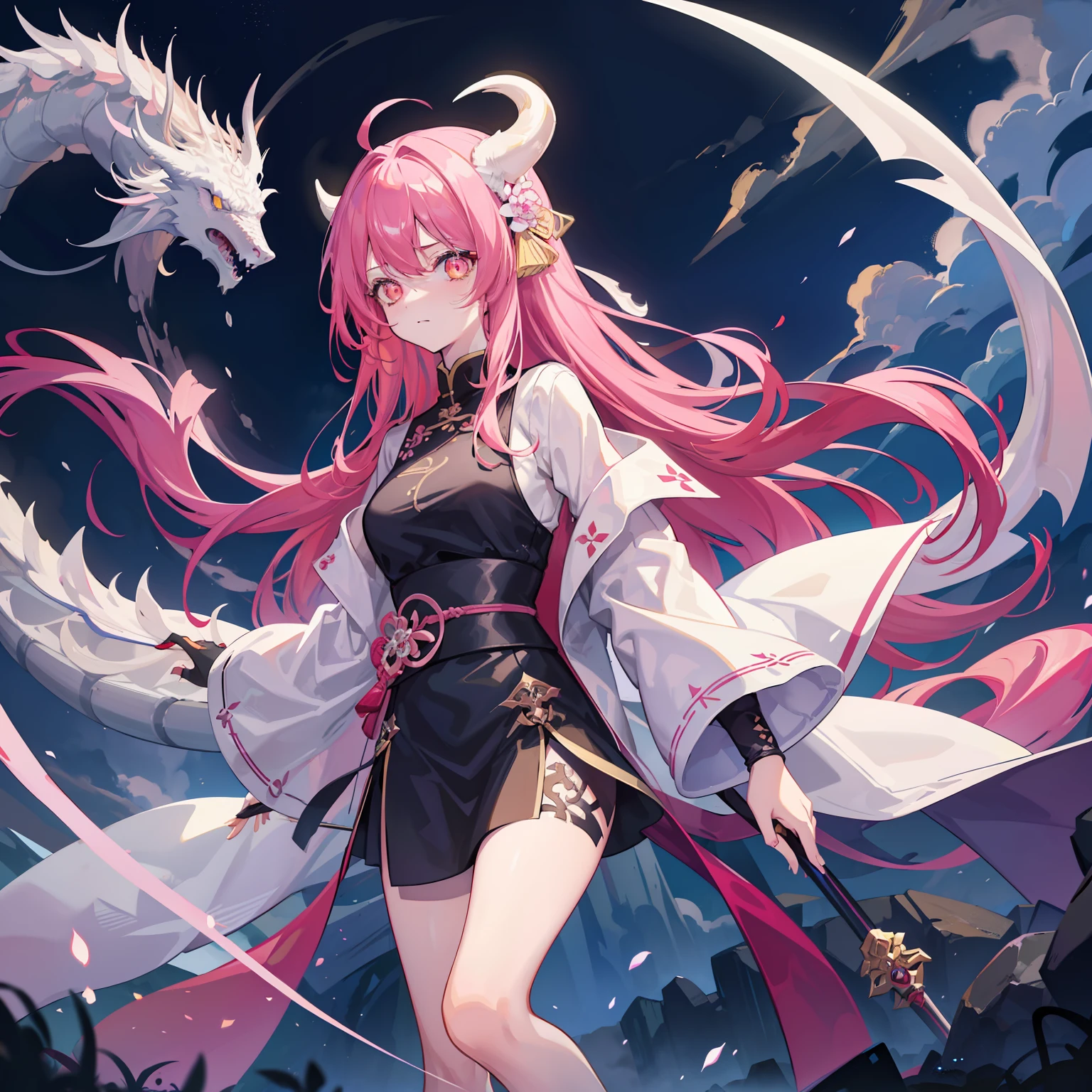 tmasterpiece，Best quality at best，A girl with pink hair，Pale yellow glowing eyes，Hold the token in your left hand，Behind him was a long sword，She has white dragon horns on her head，A white dragon's tail grows on its back，surrounded by cloud，Black national trend clothing，China-style，lamplight，Brighter，