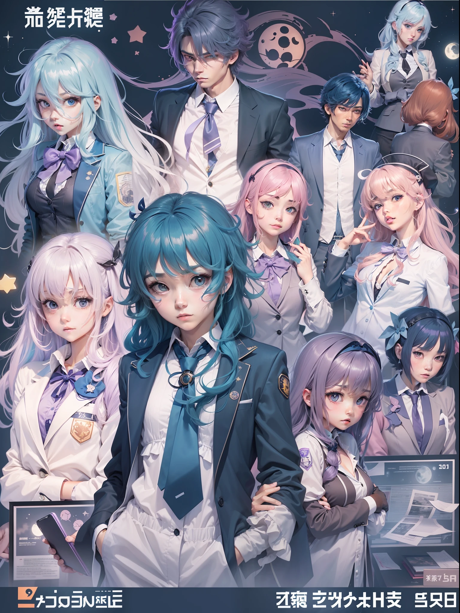 quadratic element，Star blue hair，long whitr hair，Male but much like female，Business suit，Blue-purple bow tie，The blue-purple armband has capital letters "S"，Brown pupils，apathy，There is a moon headdress on the head，The background color is dark blue，Photo frame with no one hanging in the background，There is a table，There is a whole bunch of documents on the table，Inspired by IB Eisner's anime manga，Junko Enoshima，Anime Moe Artstyle，2d anime，2 d anime style，Minimalist style