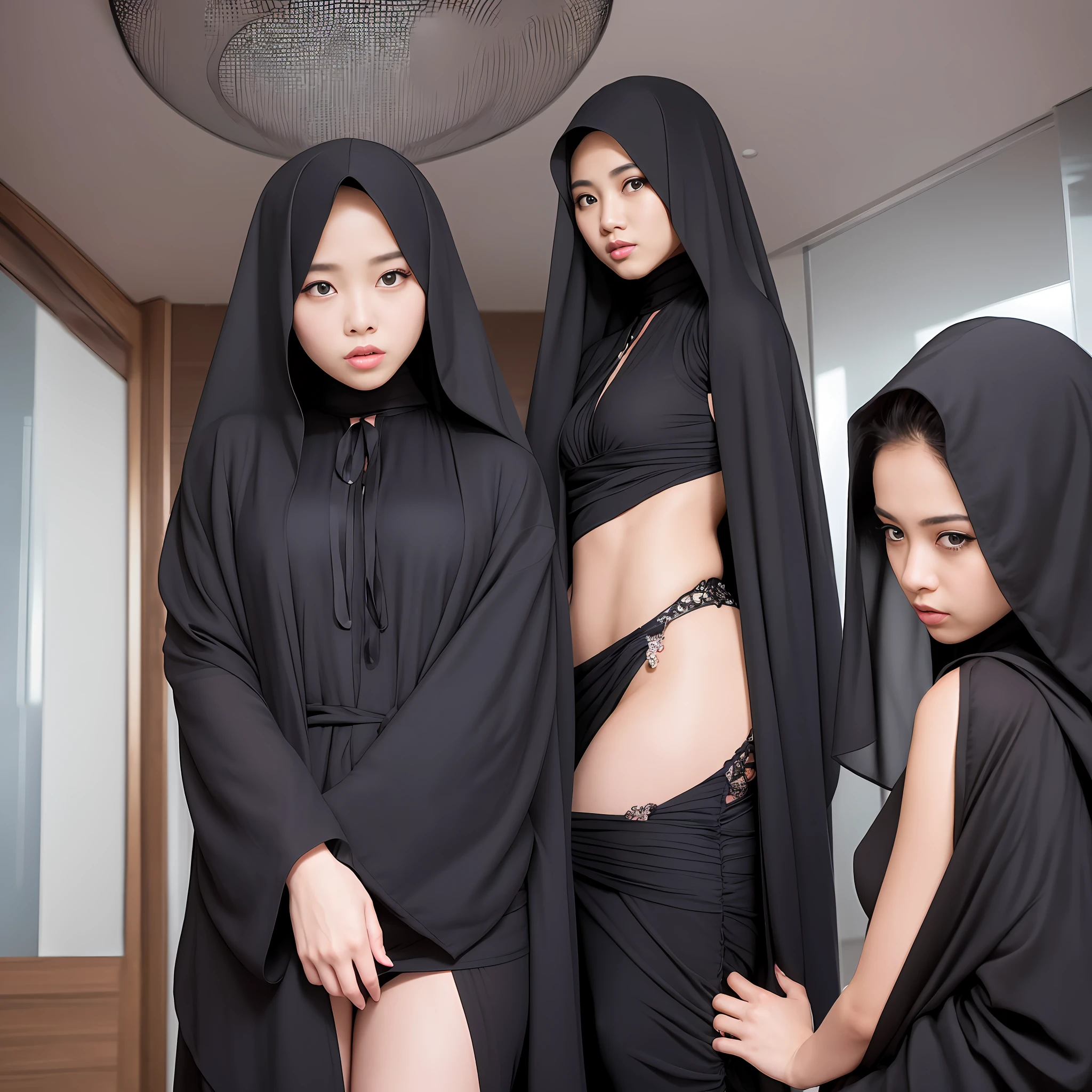 Three mysterious maidens in the living room of the 280th floor of Singapore's tallest building in the tropical city,Black robe,Black clothes,Black veil,wearing a hijab,Beautuful Women