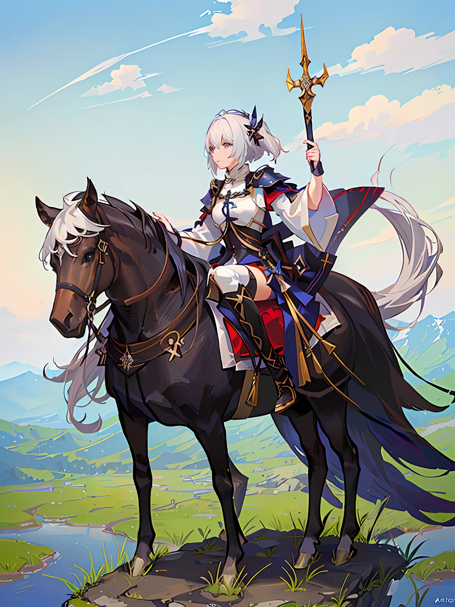 a close up of a person holding a spear in a field, from arknights, knights of zodiac girl, white haired deity, pixiv daily ranking, keqing from genshin impact, portrait knights of zodiac girl, detailed key anime art, by Shitao, top rated on pixiv, trending on pixiv, trending on artstation pixiv, anime goddess
