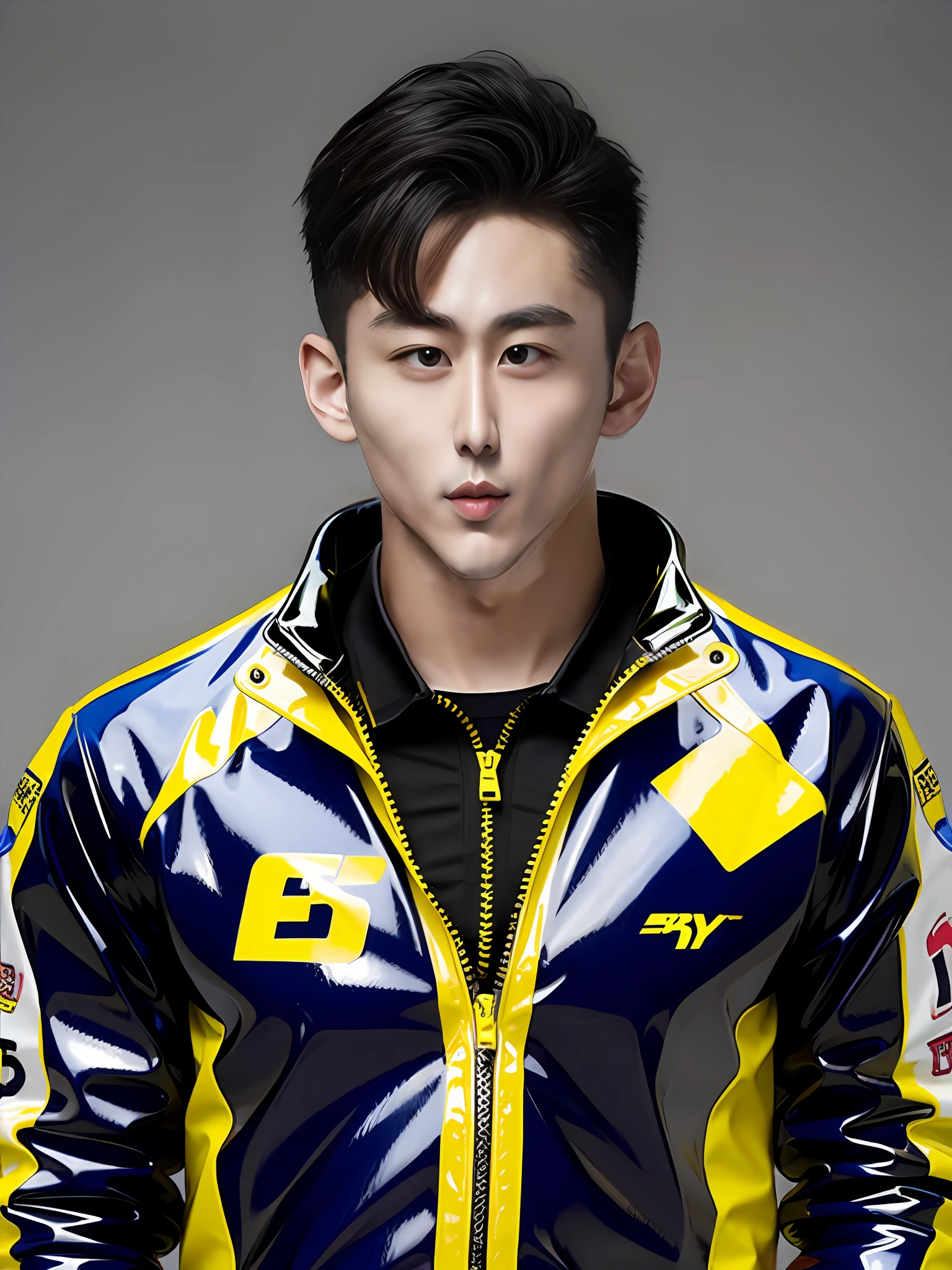 A Chinese male high school student，Wearing a yellow PVC racing suit，Strong body