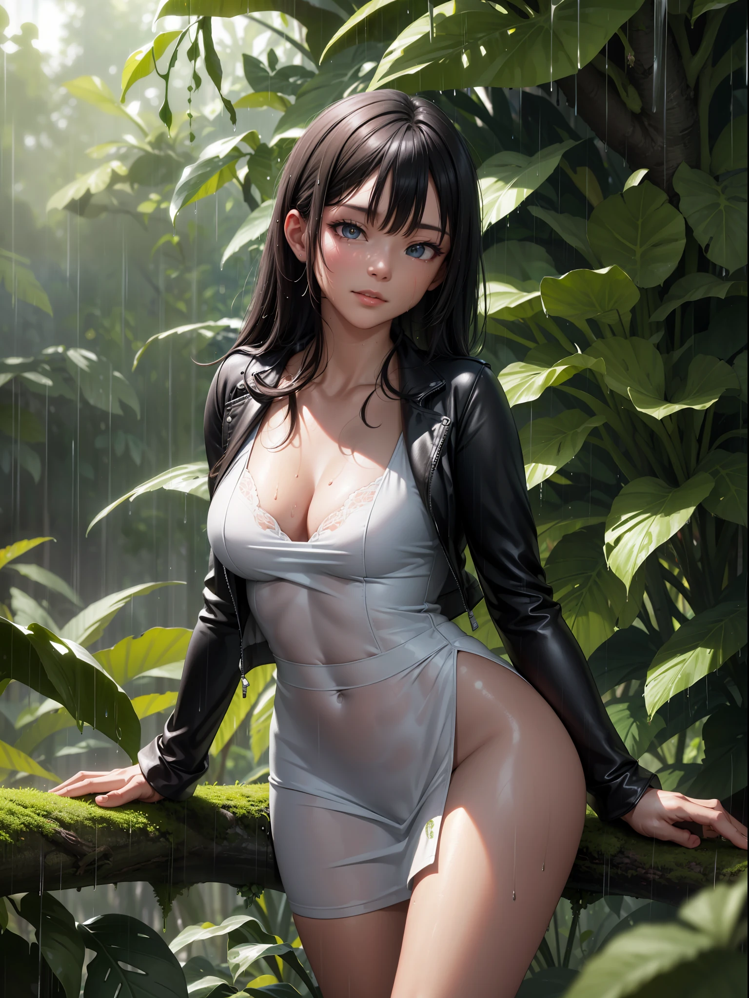 A jungle, with intense rainfall, monochromatic, vines all around, giant and wet trees, masterpiece, best quality, high quality, extremely detailed CG unity 8k wallpaper, oil paiting, award winning photography, Bokeh, Depth of Field, HDR, bloom, Chromatic Aberration ,Photorealistic,extremely detailed, trending on artstation, trending on CGsociety, Intricate, High Detail, dramatic, art by midjourney, volumetric lighting