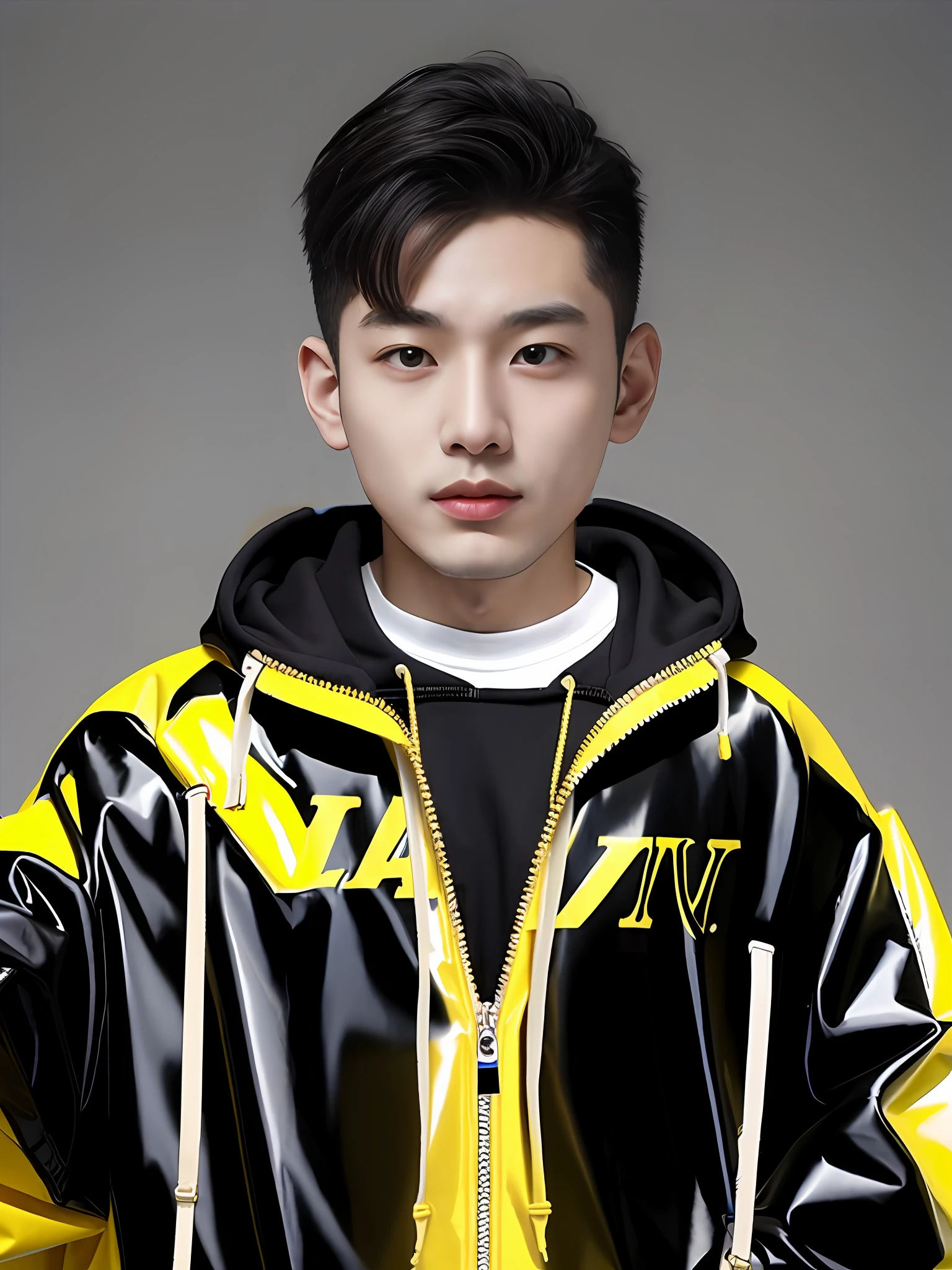 A Chinese male high school student,Wearing a yellow PVC sweatshirt,Strong body