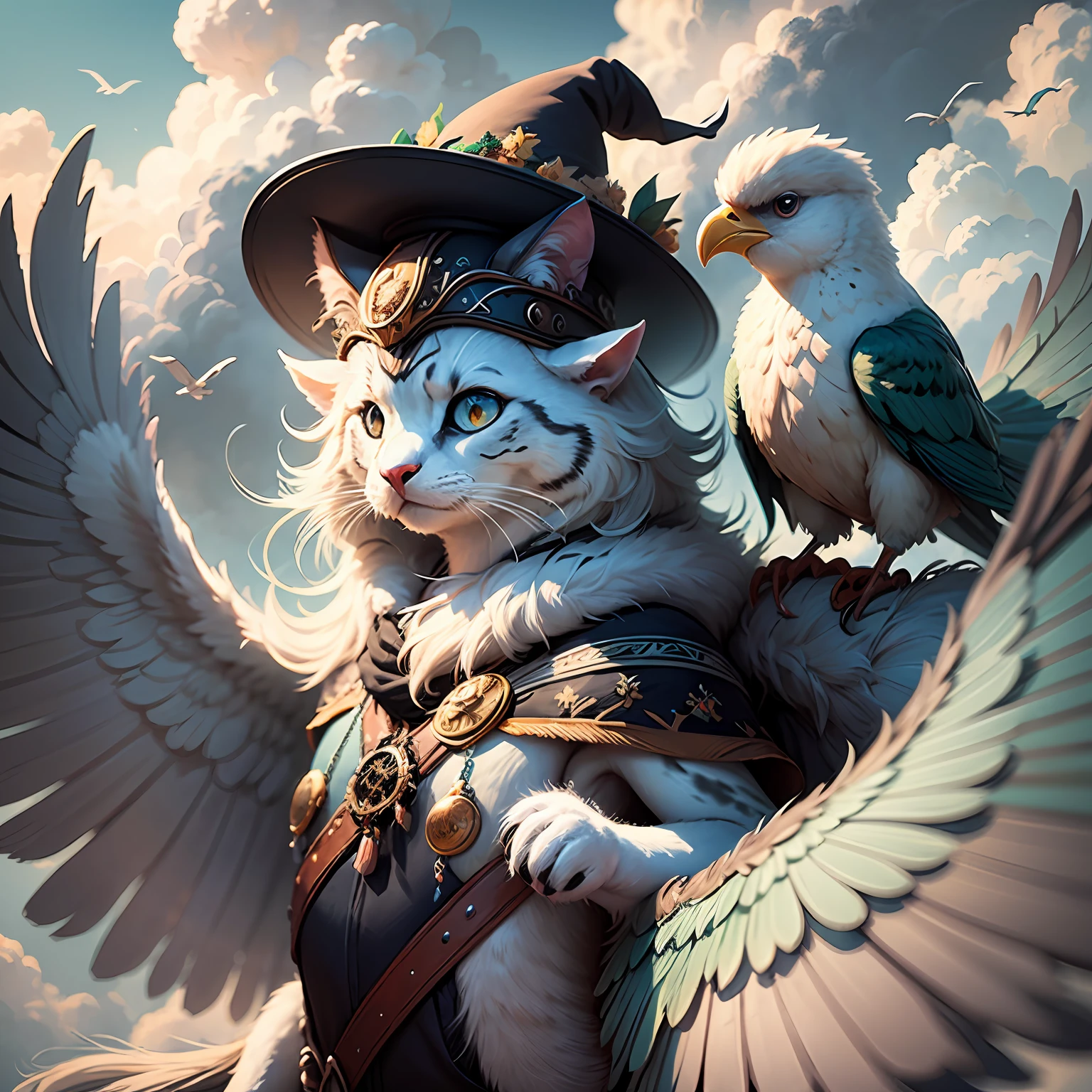 dynamic scene. fantasy tale. Funny and funny flights of fabulous fantasy animals and birds, in a dream, among the clouds. Fairy clothes and hats. Close-up, in full growth. Disney cartoon style. super photorealistic, cinematic, lots of detail, against a black blurred background --auto --s2