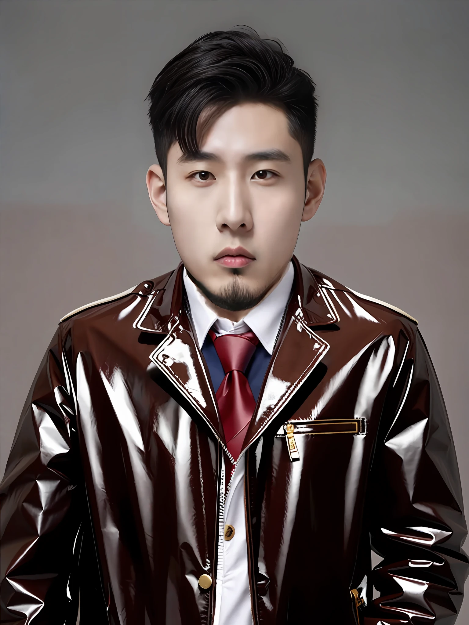 A Chinese male high school student，Wearing a brown PVC blazer，Strong body