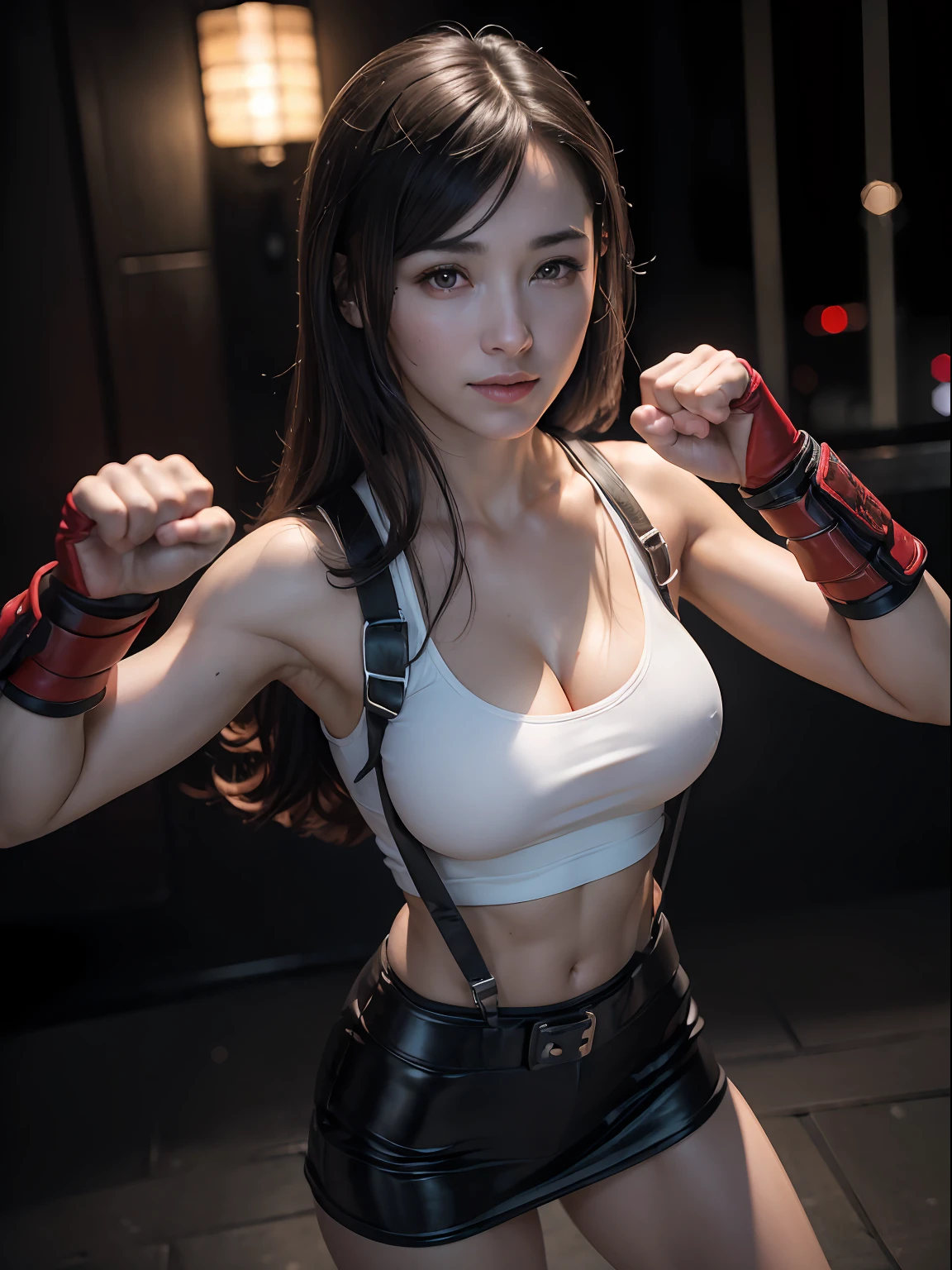(masterpiece, best quality:1.4), (future days), (fighting pose:1.5), (fight face:1.5), (kick:1.5), (1girl:1.2), (solo), (red iris:1.5), (european youth:1), defTifa, white crop top, elbow pad, fingerless gloves, suspenders, pencil skirt, black socks, red boots, full body, medium breast, looking at viewer, sexy smile, futuristic city at night, beautiful face, highly detailed face, highly detailed eyes, highly detailed skin, skin pores, subsurface scattering, realistic pupils, medium breast, full face blush, full lips, detailed background, sfw, depth of field, volumetric lighting, sharp focus, absurdres, realistic proportions, good anatomy, (realistic, hyperrealistic:1.4), 16k hdr,