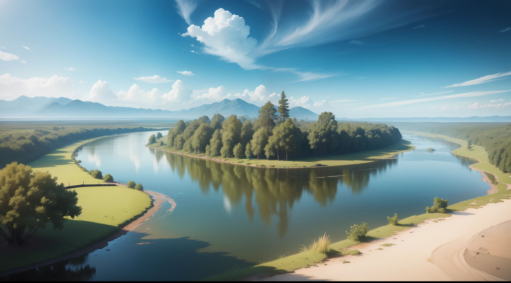 The surface of the river on a clear day after rain，best quality，high details