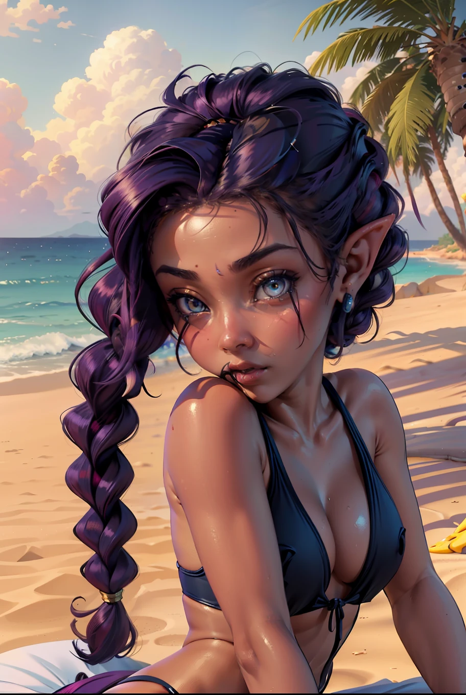 Photorealistic, (A hyper-realistic:1.2), Beautiful, Masterpiece, Best Quality, extremely detailed face, perfect lighting, shantae, (Cyan eyes, glowing eyes), Bangs, long purple hair, hair braided in a braid, bikinis, Beach, exteriors, Sand, full - body, palm tree, from side,