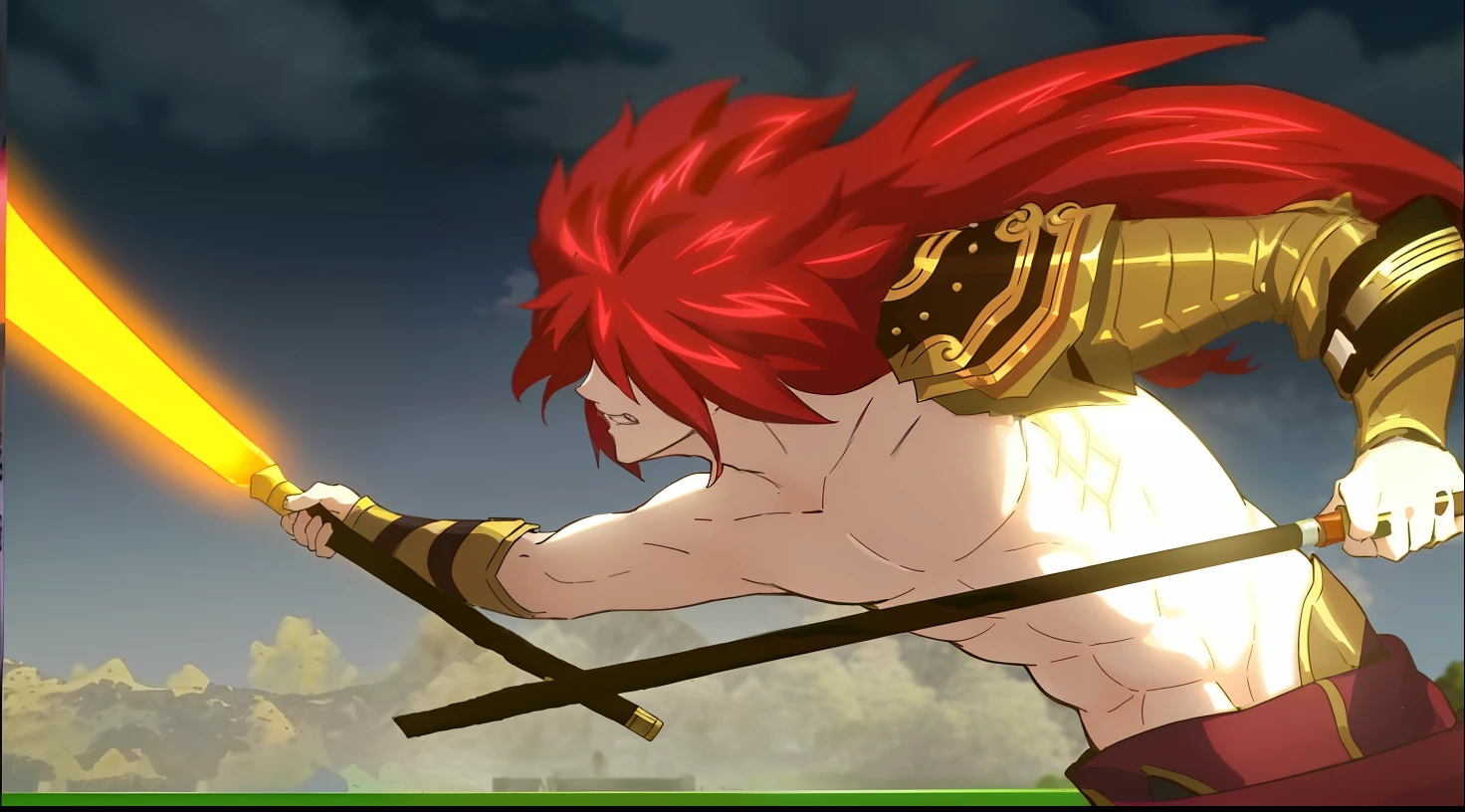 Un primer plano de una persona sosteniendo una espada en un campo, Dios legendario sosteniendo lanza, Gurenn Lagann, Akira from Chinese mythology, Screenshot of anime movie, an epic anime of tuff luck, Thundercats, aparece como la diosa del fuego, Gilgamesh, Screenshot of anime movie, Chico guapo en el arte de Demon Slayer, Captura de pantalla de un anime de 2012
