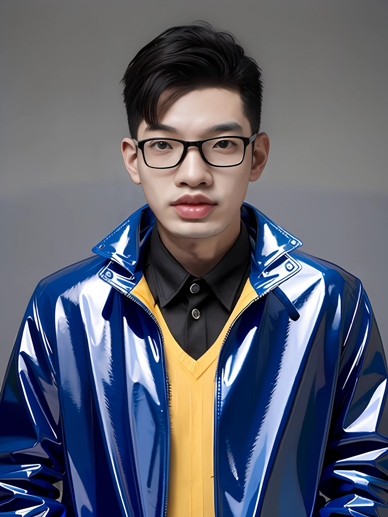 A Chinese male high school student,Wearing a blue PVC jacket,Strong body