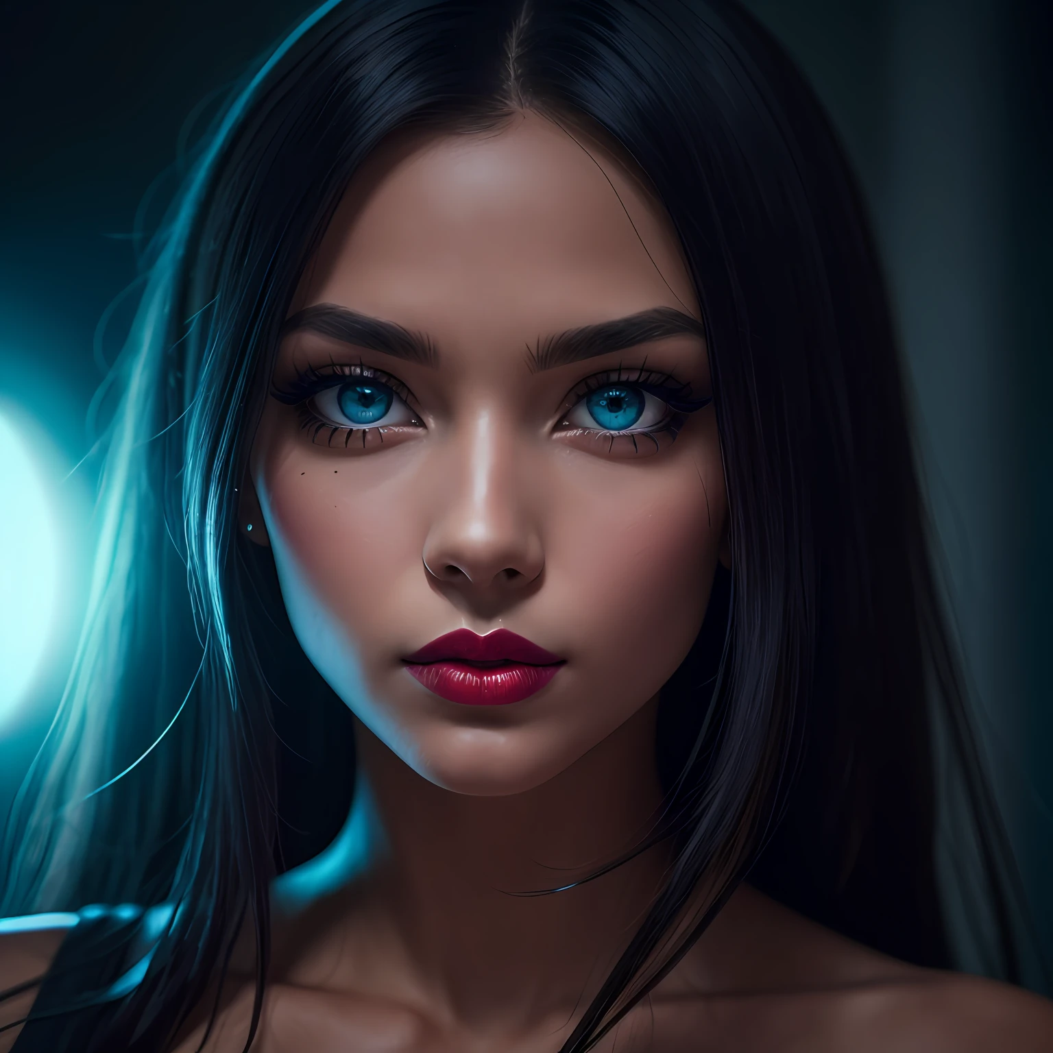Let light blue beam reflect on her face, lipstick more colorful, detailed shadows, indoor hasselblad X2D 100c, hasselblad XCD 90mm f/1.9 lens depth of field, bokeh,film grain, sharp focus, 8k, UHD, HDR, high-res, absurdres, Award winning photography, best composition, perfect eyes, perfect face features, well detailed.