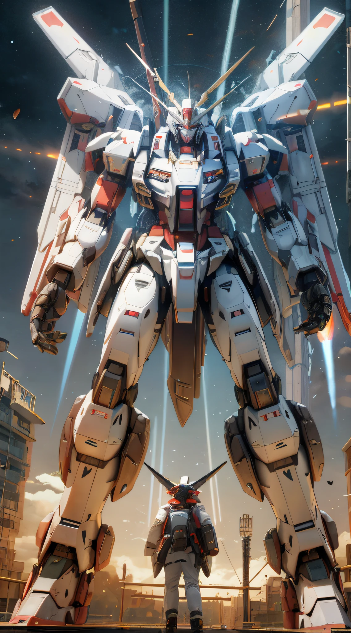 Surrealism, Ray Tracing, Photorealistic, UHD, High Detail, 32k, Best Quality, Textured Skin, Gundam Mecha, Flight, Funnel, Mecha Ship, Masterpiece, Best Quality, Mecha, Unmanned, (Full Body), (Black Mecha: 1.8), (Axisymmetric: 1.4), (HDR), (Movie Light: 1.1), White Eyes, Cool, Science Fiction, Fire, Universe, oversized shield, mecha man overlooking the background of the earth, with laser cannon beams, wars, conflicts, weapons in hand (has a huge weapon: 1.5),
