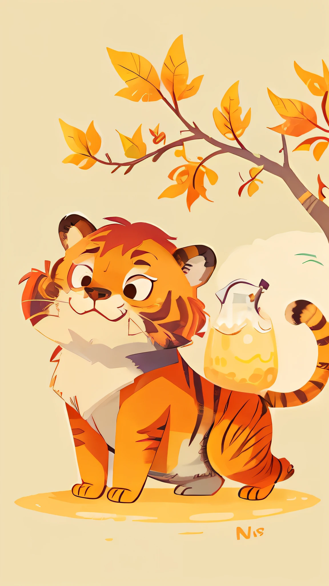 autumnal，Cartoon tiger，Perfume lemon，milk tea，The background color value#fff3a1，Illustration style