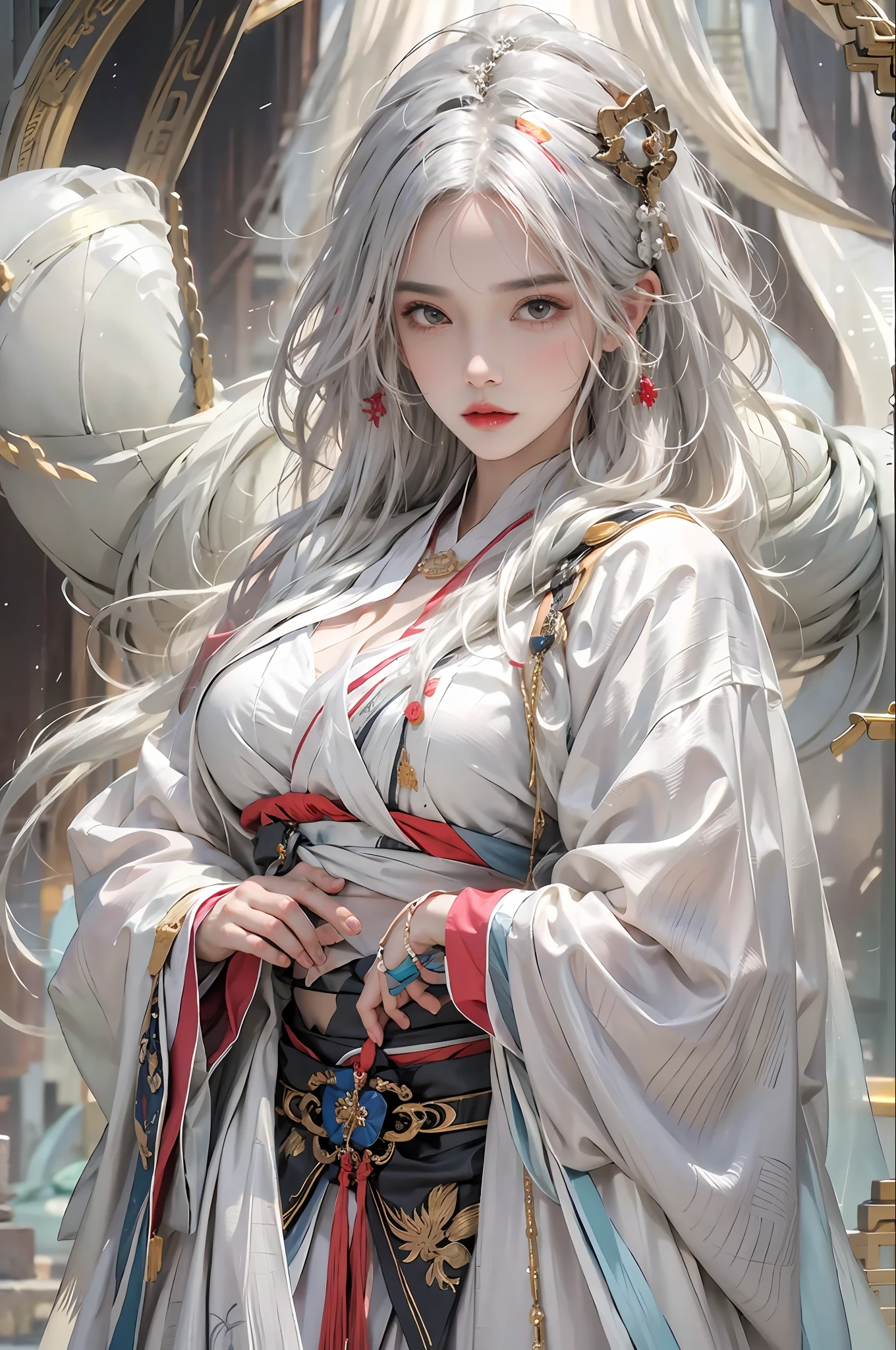 photorealistic, high resolution, 1women, solo, hips up, look at viewer, (detailed face), white hair, long hair, Taoist robe,oversized clothes, midjourney portrait, jewelry