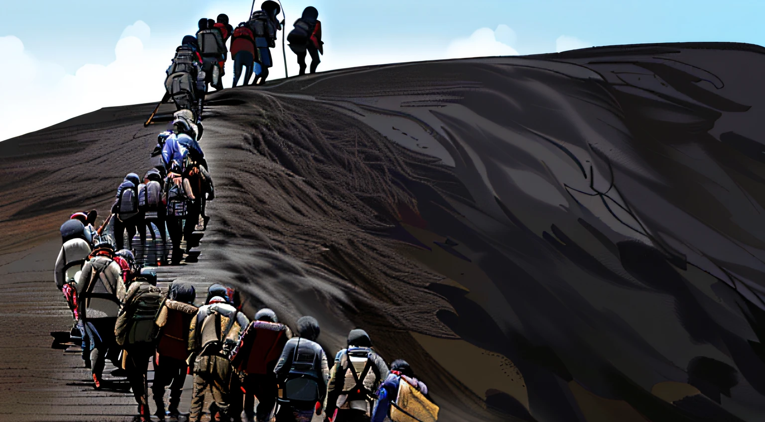 A group of people carrying guns on their backs,Stick this big print on the back。climbing mountain