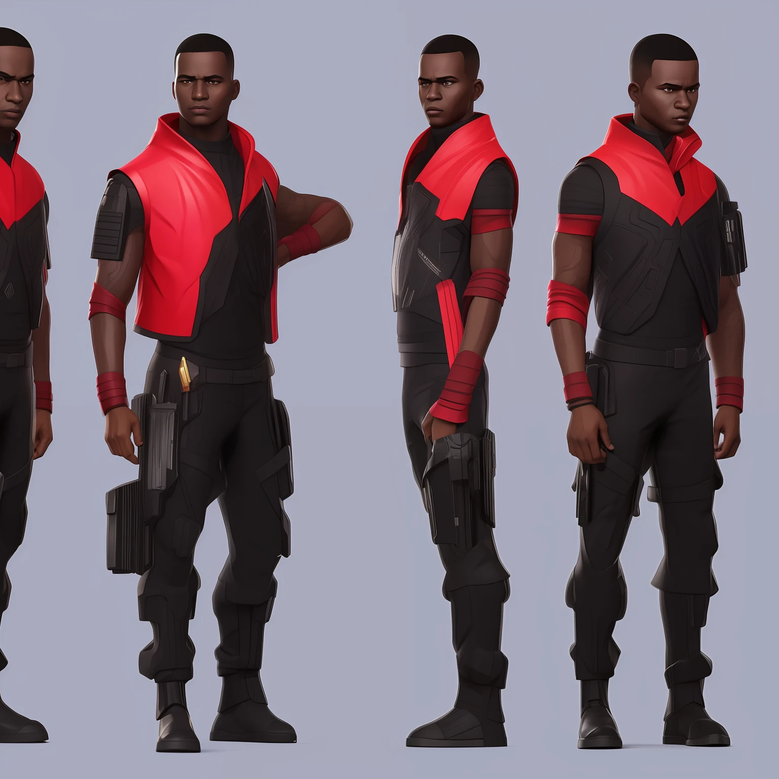 Young black man, with semi-shaved hair doing gradient, with a serious expression on his face, vestindo uma jaqueta preta com detalhes em vermelho, Estilo cyberpunk, sketch, multiplos angulos, modelo da roupa, modelo da arma, dinamic poses, fundo coeso, multiple versions of the same model, game, 3D, projeto, heroic, police