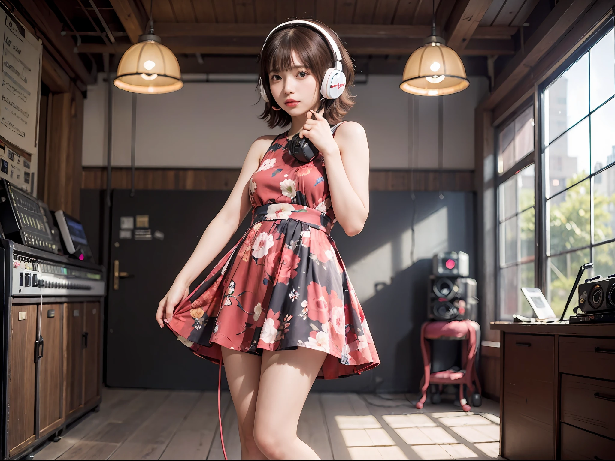 Best Quality, masutepiece, (Photorealistic:2), Ultra High Resolution, Highly detailed, A hyper-realistic, 1girl in, ((Red headphones)), (Longer dress), Floral pattern, colourfull_hair、(((very_Short_hair))), Short hair, Slim body, Full Shot, Looking at Viewer, ((Music Studio)),  Bright atmosphere, spot light, Detailed background