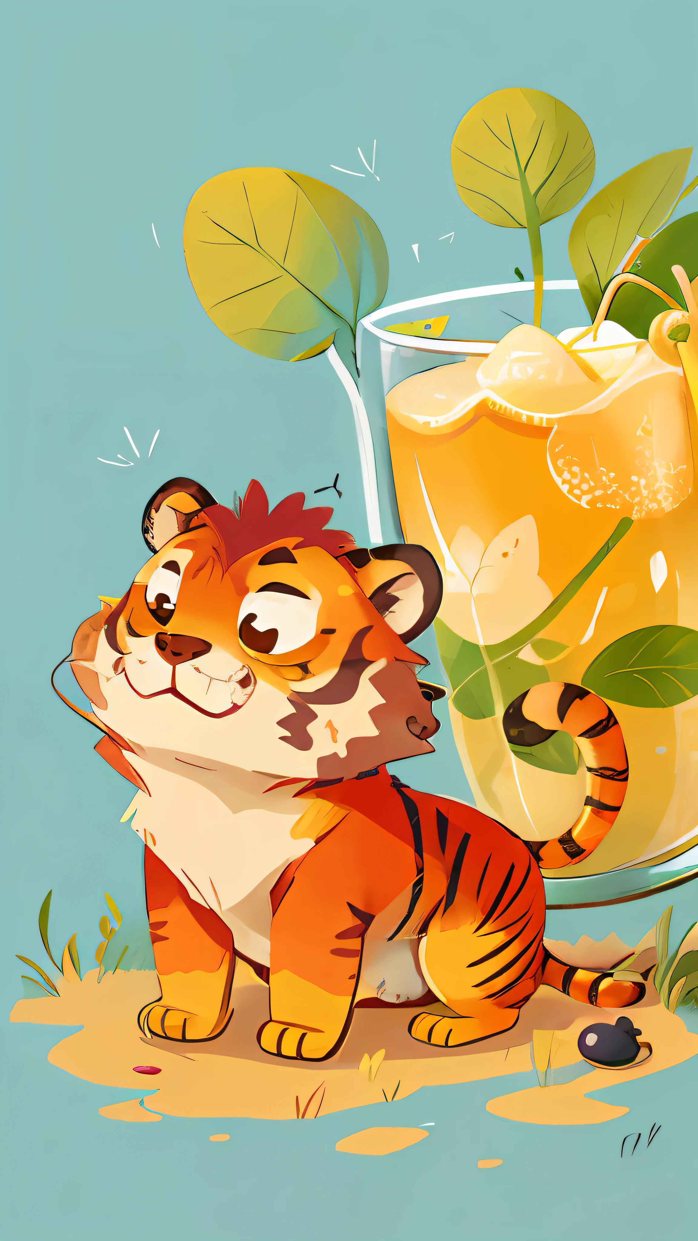 autumnal，Cartoon tiger，Perfume lemon，Green lemon，milk tea，The background color value#FFF3A1，Illustration style