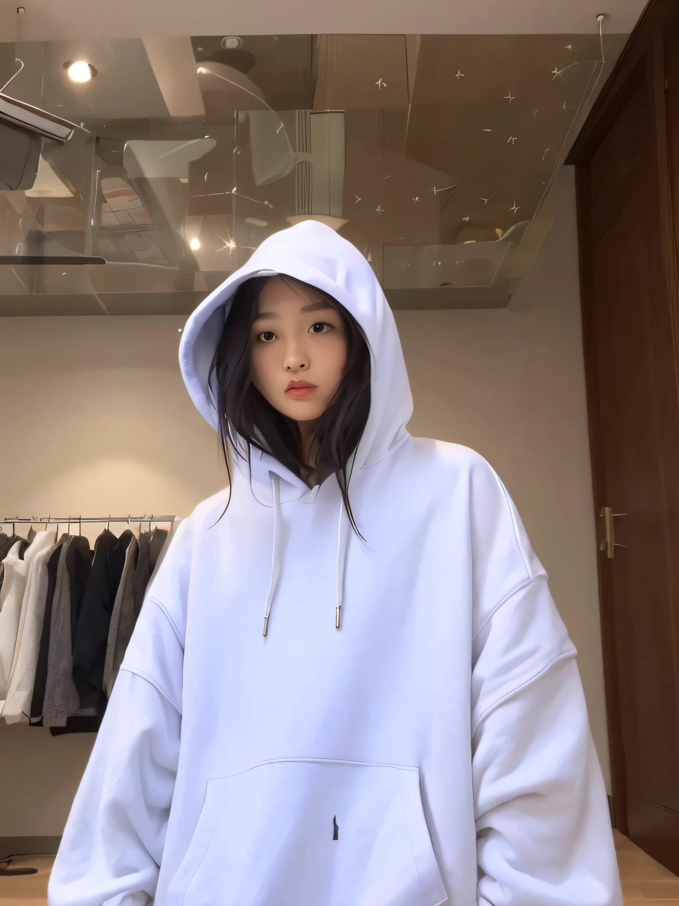 The Arad woman in a white hoodie stood in the room, wearing an oversized hoodie, ulzzangs, hoodie oversized, girl wearing hoodie, Round cover, wearing hoodie, She is seen wearing streetwear pieces, wearing a hoody, Hoodie, Hood, wearing a fisher 🧥, Choi Hyun-hwa, Hooded, Wearing a hoodie, Shin Jinying, 19xx, lulu chen