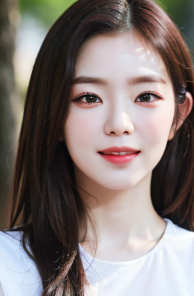 extremely detailed eyes, extremely detailed face, best quality ,masterpiece, extremely detailed, ultra-detailed, (realistic, photo-realistic:1.3), smile, (facing front), looking at viewer, white shirt, sunny day, outdoor, 1girl upperbody