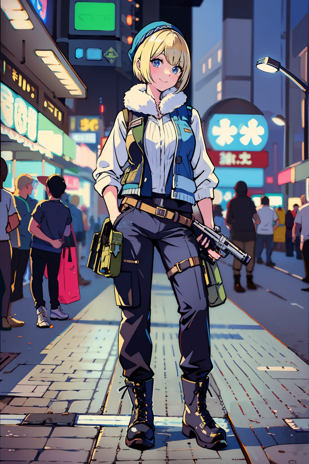 Beautiful woman medium hair、hated、cyberpunked、a short bob、a blond、White Summer Knitted Cap、 odd eye、blue right eye、Green left eye、Blue Leather Vest、Long white T-shirt、White Cargo Pants、Black Engineer Boots、head phone、Holding a pistol in his right hand、Sprint、In front of Shibuya Station、natta、Well-formed fingertips of both hands、Full body like、Colossal tits、A smile、Extend your left hand to us
