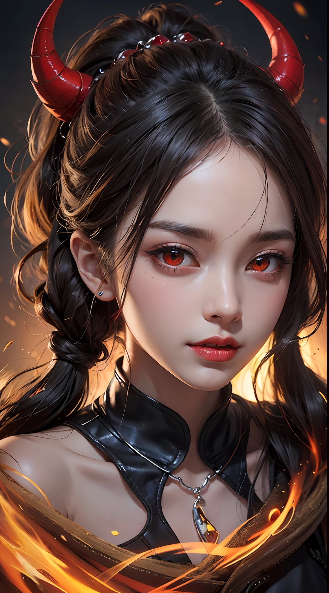 1 beautiful devil woman from hell, surreal female portrait by David Hockney and Alphonse Mucha, fantasy art, chinese doll, photorealism, dynamic lighting, artstation, poster, volumetric lighting, super realistic face, beautiful face and very detailed make-up, 8k ultra, awarded, in the dark, low key, cowboy lens, (Red phoenix dress: 1.0), long hair, black hair, bust, devil's Palace, devil crown, eyes make up very sharp and detailed, the most beautiful face, super tight breasts, breast augmentation, the breasts are very big and round and round, super realistic, chinese women's clothing, polo neck sweater, charming smile, the eyes are very well made up, ((red eye:1.6)), guweiz, devil style, wearing black mesh socks, ponytail with a bow tied at the back of the hair, plump and beautiful red lips, wearing a thin red and black robe, Hands pull the straps to reveal sexy breasts, the landscape is overcast and thunderous, beautiful female devil portrait, close-up of the main character, (detailed spooky background:0.8), HDR, UHD, 8kquality, detailed pixel, facing the beautiful girl, looking at the girl body,
