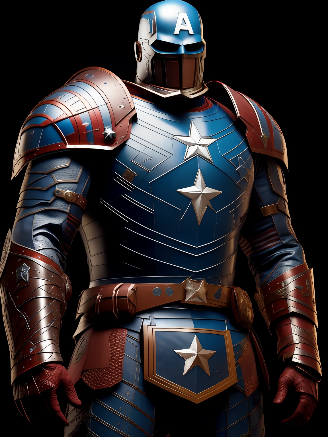 captain America,medieval armor style, fkaa, txaa, rtx, ssao, OpenGL-Shader’s, post processing, post-production, cell shading, tone mapping, cgi, vfx, sfx, insanely detailed and intricate, hyper maximalist