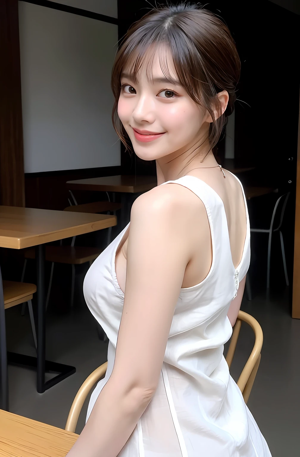 ((8K:1.27)、top-quality、​masterpiece、超A high resolution:1.2)Photo beautiful Chinese woman(pleasing:1.1) (The shirt:1.21) Elegance、There is a good、Gradient lighting、1girl in、Delicate skin、Look here、Brown-eyed、(short hair with bangs:1.2)、(breasts are large:1.0)、(medium areola:0.8)、(realisitic:1.4)、(top-quality:1.0)、(超A high resolution:1.0)、8K、Raw photography、(​masterpiece:0.2)、(pureerosface_v1:0.5)、 White linen clothes、Sleeveless、Kamimei、excited expressions、Red cheeks、want me、Staring at this、cafes、Table seating、sideways Facing、Ass big、Angle from the side、Lean、Coffee、Colossal tits、（Put your big breasts on the table）、a smile、
