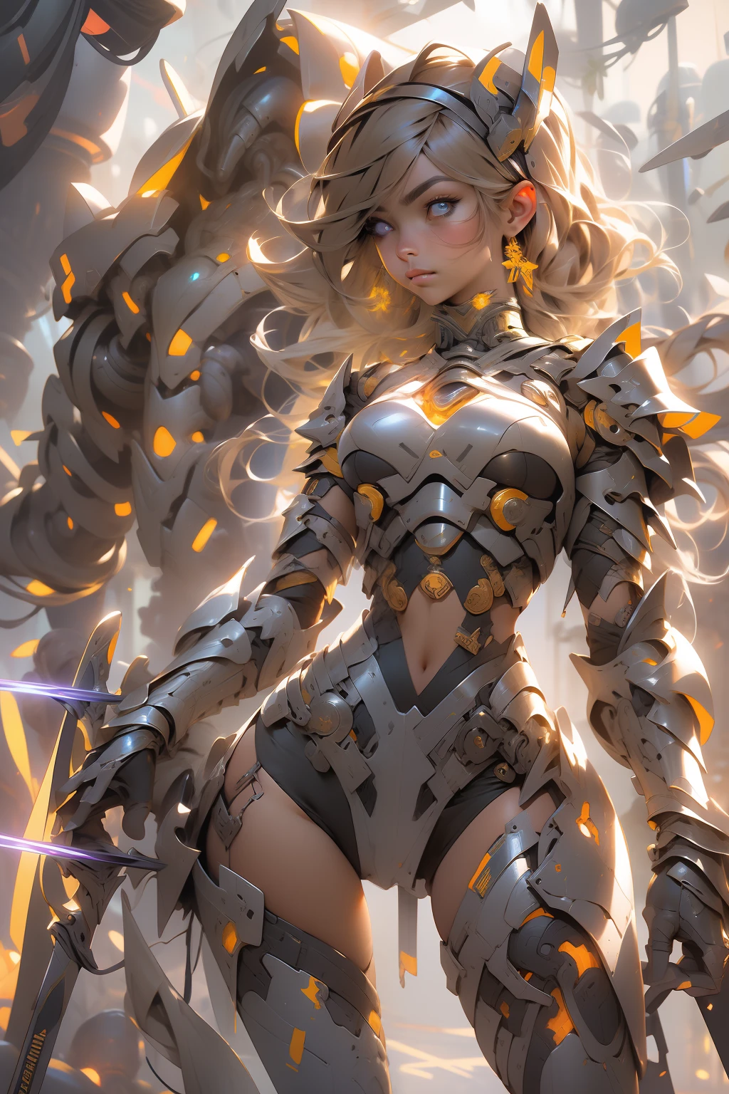 (masterpiece), (best quality), 1girl, detailed hair, cyborg girl, female warrior battle field, stand, (goledn glowing eyes), cyborg armor, golden armor