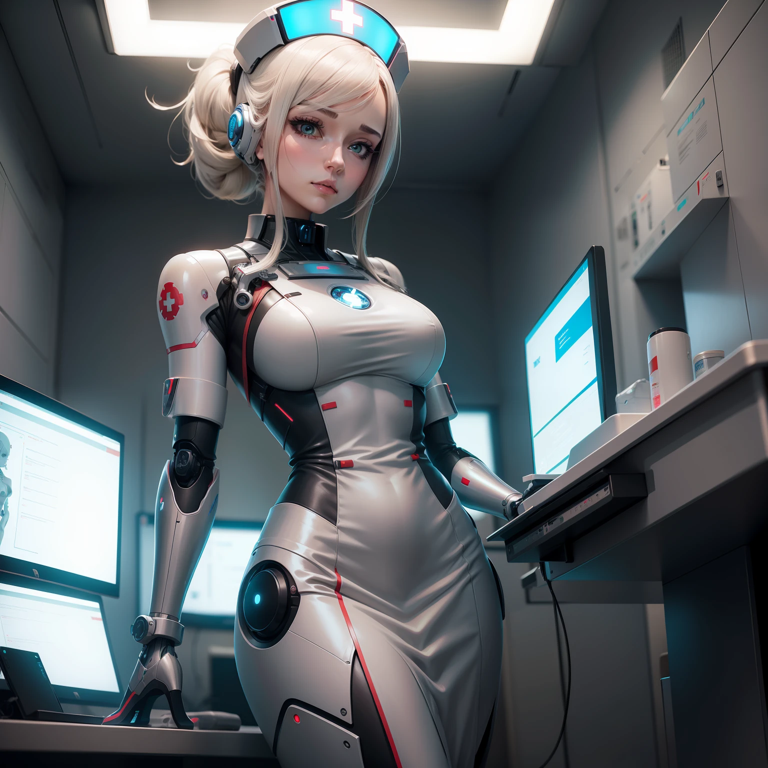 female figure, female robot, robot-like nurse, (anime style) in a med room, hospital room, futuristic technology, tech,