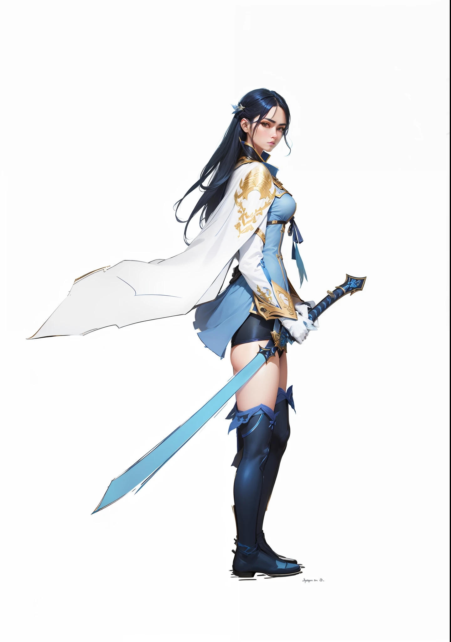 Original Drawing,A picture of a woman with a sword and a cape, Blue streamer trim on the chest,she is holding a sword, The long sword in her hand,black color hair,White gloves,The gloves have gold decorations in the shape of arrows,Dark blue boots,White cape,There are gold-tone metal striped trims on the shoulders,Blue streamer trim on chest,Clothes light blue gradient,Dark blue leggings,Xianxia,ccurate,lightand shade contrast