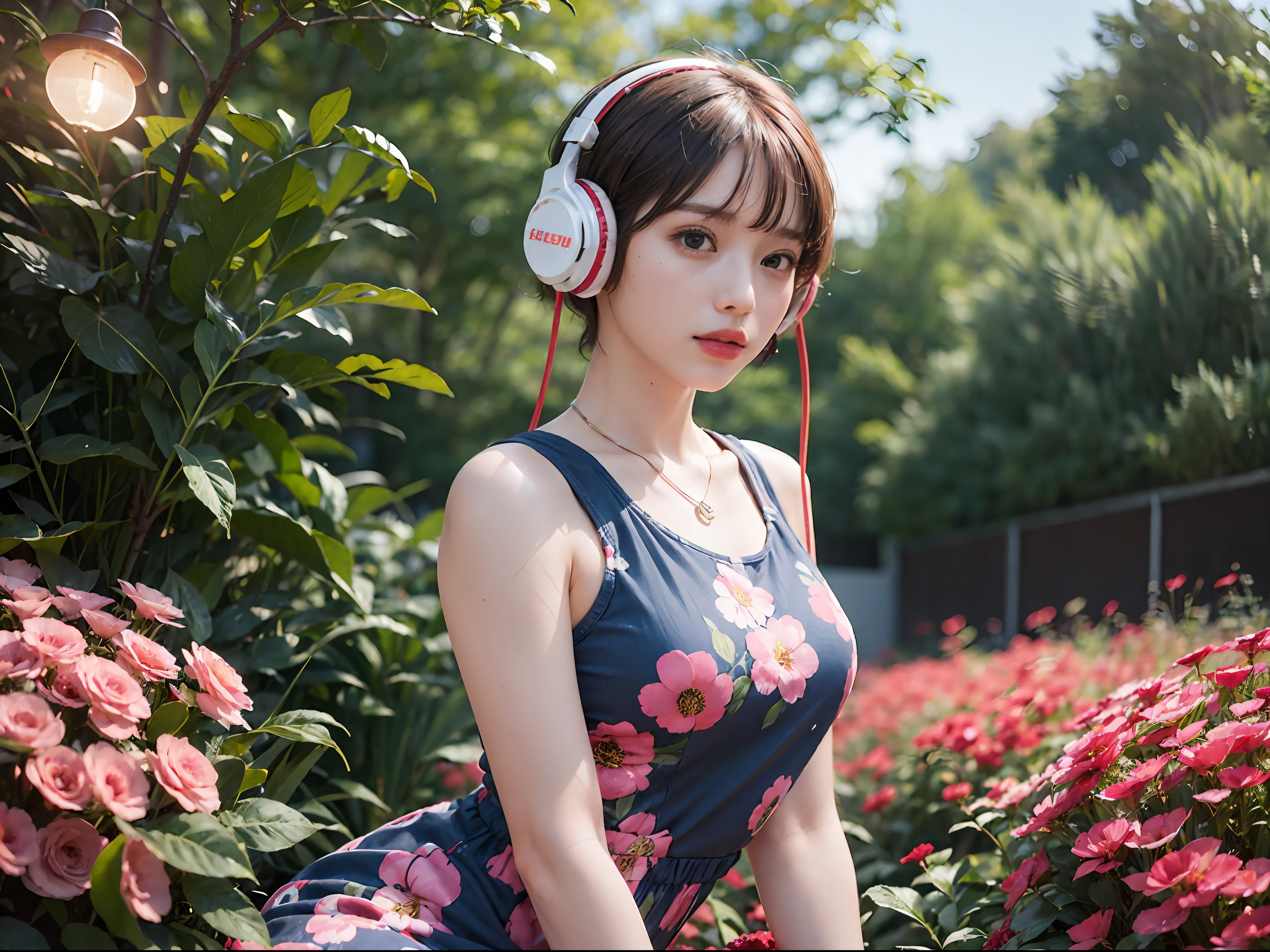 Best Quality, masutepiece, (Photorealistic:2), Ultra High Resolution, Highly detailed, A hyper-realistic, 1girl in, ((Red headphones)), (Longer dress), Floral pattern, colourfull_hair、(((very_Short_hair))), Short hair, Slim body, Full Shot, Looking at Viewer, ((Music Studio)), Bright atmosphere, spot light, Detailed background