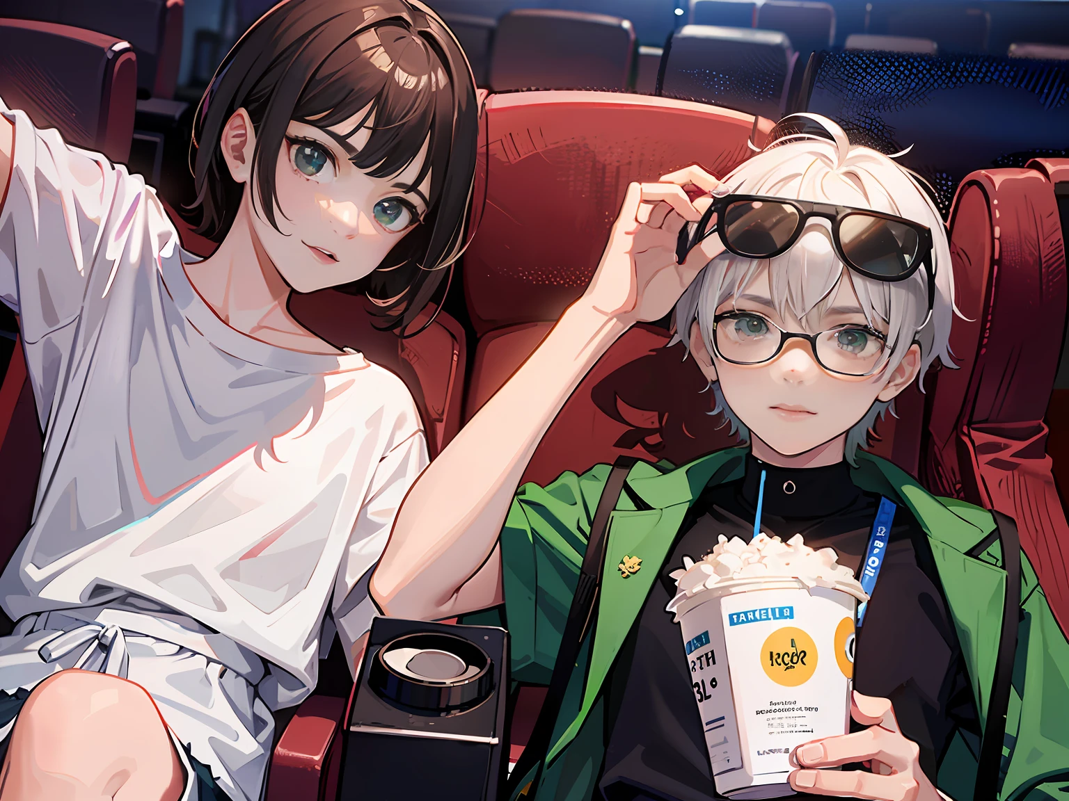 There was a woman and a boy sitting in the cinema,Adult woman with short hair in a white blouse, boy dressed in green,wearing 3 d glasses, 4 d cinema, wearing 3 d glasses, 3D movies, em 3d, 3D masterpiece, sitting in a movie theater