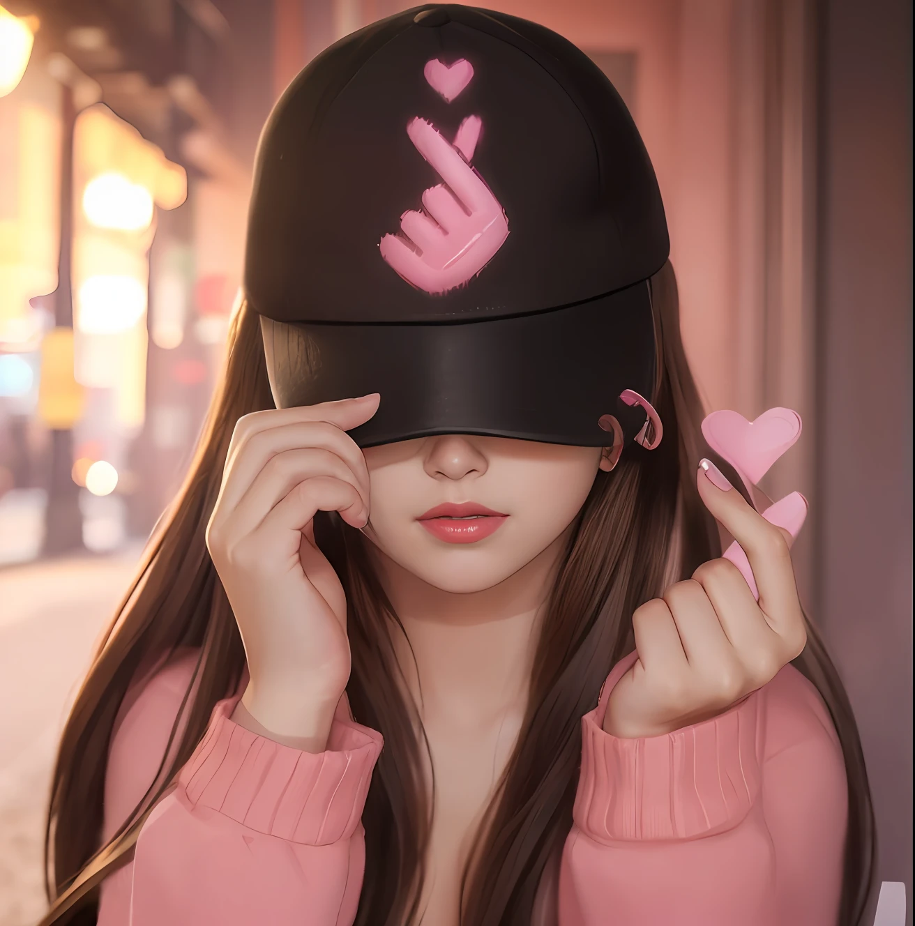 ((Best quality, 8k, Masterpiece :1.3)), A pretty girl standinhng under Street lights with perfect figure :1.4, Slender abs :1.3, ((Dark brown hair, cleavage Big breasts :1.2)), solo, pink sweater :1.4, full body post:1.4 , up skirt:1.5), red light district , Highly detailed face and skin texture, a girl with long hair wearing a pink sweater and a black hat, wearing a cute hat, urban girl, ((pink)), lofi girl, ultra realistic style, realistic vibes, cute realistic, realistic style super realistic, hand holding cap brim, profile pic, realistic style