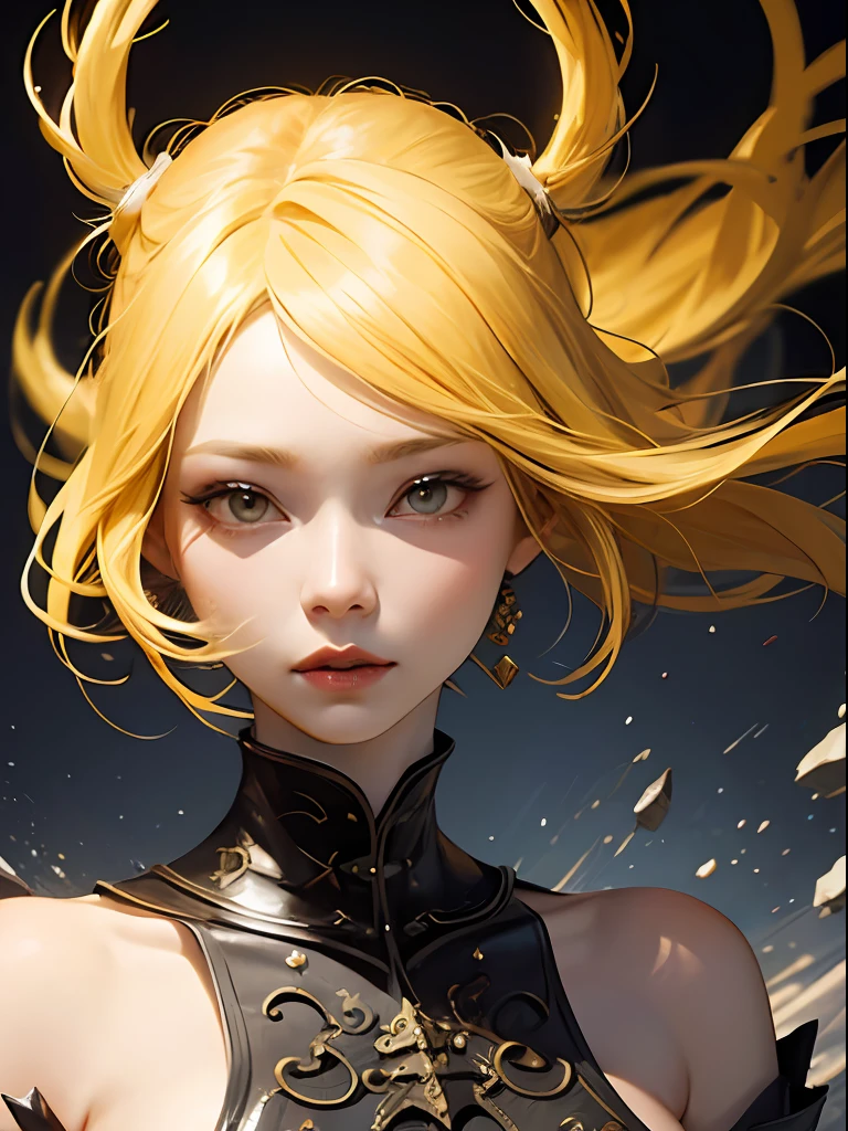 a fantasy girl, asian, yellow hair, white skin, elegant, beautiful form of chaos, dynamic angle
