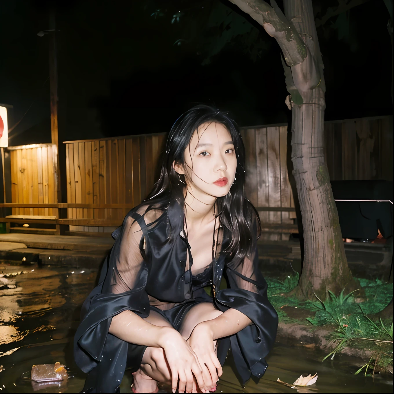 Naoyuki Obayashi,90s flash photo，1girll, Solo,At night,a woman standing in a dim alley flirting，(full bodyesbian:1.5),Big breasts,tit,(Nippur:1.2),Wet,Transparent,(sensual lingerie),Bare feet,with a bright night scene in the distanceThe best quality，((Wet ground)),(((The ground is littered with garbage))),((tenten)),sin front of camera, tmasterpiece，RAW photogr，Film photos，