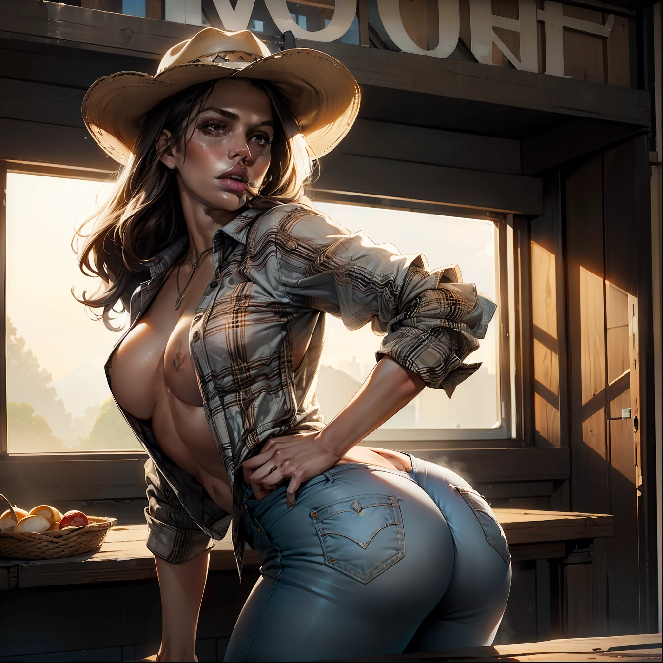 ((best qualtiy, 8K, tmasterpiece:1.3)), Focus:1.2, perfect figure beautiful woman:1.4, Cocked buttocks:1.2, celeiro，tractor，Plaid shirt，Open shirt，Lick lip，Stick out your tongue，Cowboy hat，Bare ass，Take off your pants，stooped，from back