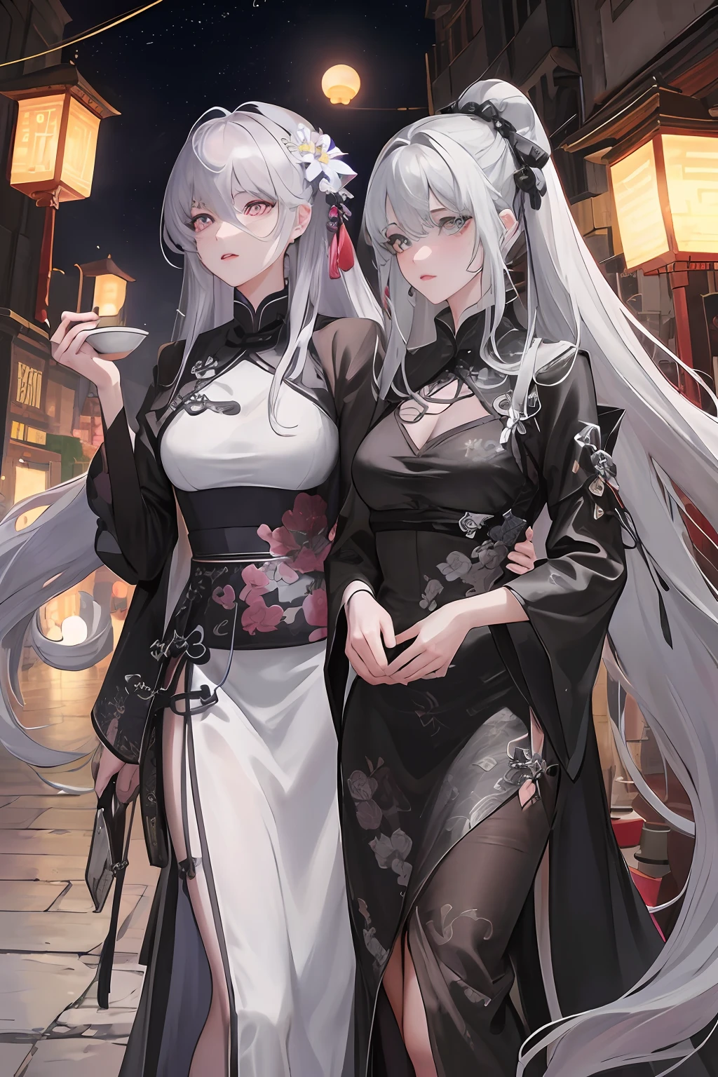 Masterpiece, Best quality, Night, full moon, 1 girl, Mature woman, cyber punk perssonage, Ancient China, Sisters, Royal Sisters, Grim expression, Faceless, Silver white long haired woman, Light pink lips, calm, Intellectual, tribelt, Gray pupils, assassins, Flower lanterns, holding lantern, flower ball background, Stroll through the street landscape