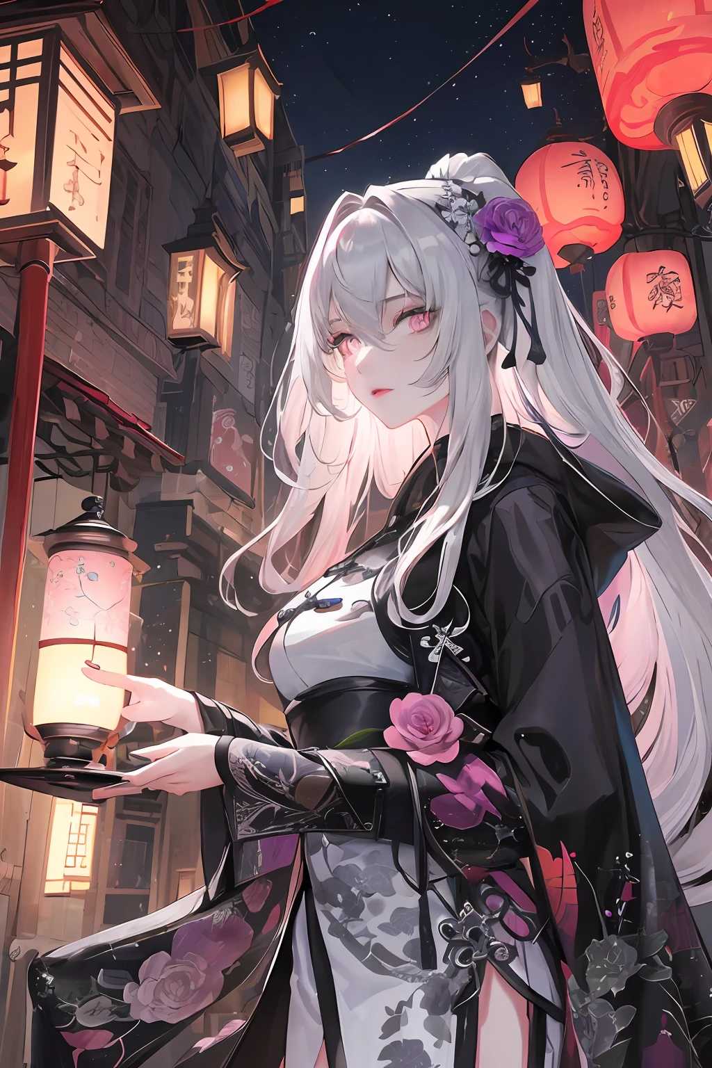Masterpiece, Best quality, Night, full moon, 1 girl, Mature woman, cyber punk perssonage, Ancient China, Sisters, Royal Sisters, Grim expression, Faceless, Silver white long haired woman, Light pink lips, calm, Intellectual, tribelt, Gray pupils, assassins, Flower lanterns, holding lantern, flower ball background, Stroll through the street landscape