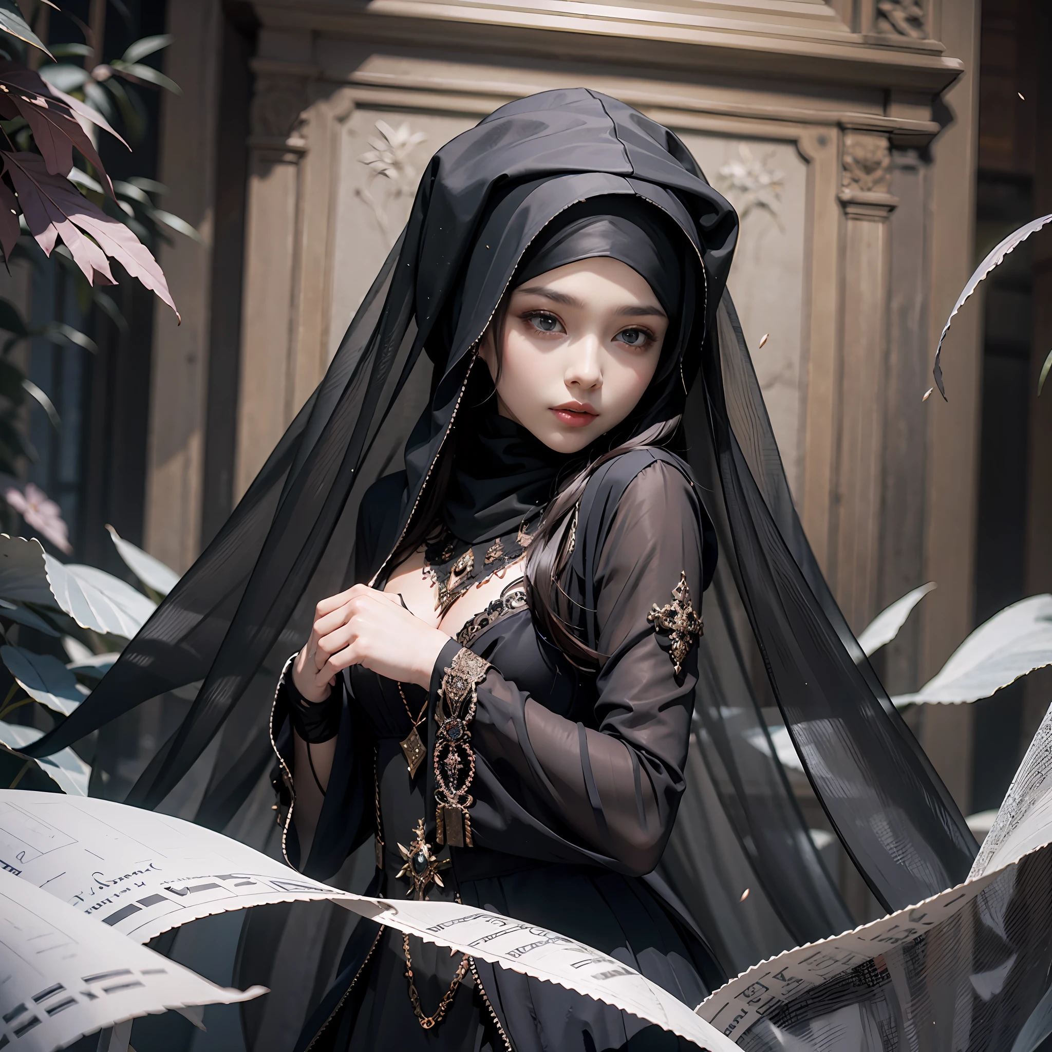 Three mysterious maidens,Robe with clothes,All over the body black robe,The whole body is dressed in black,Black veil,wearing a hijab,Beautuful Women