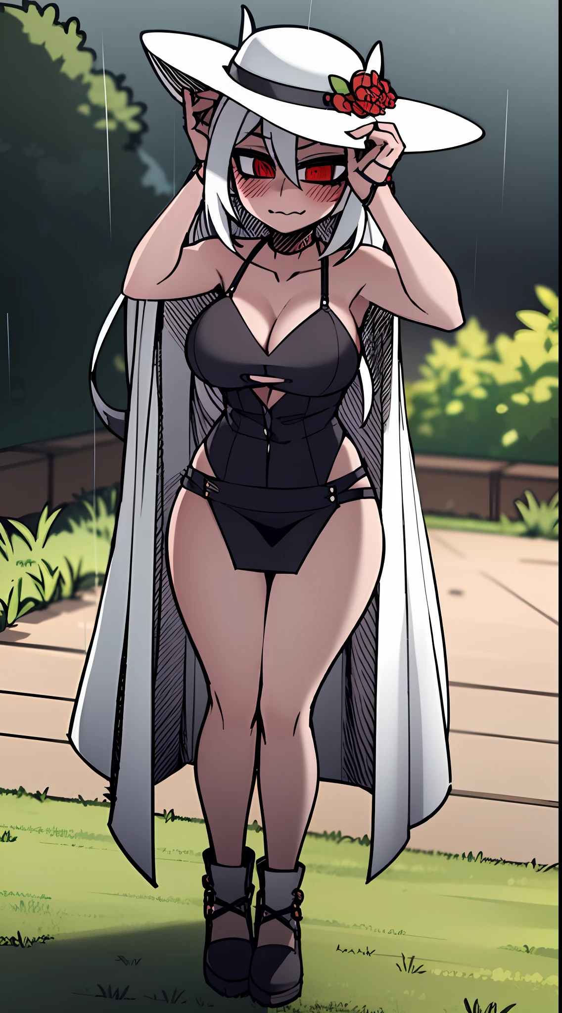 1girl, solo, breasts, wide hips, blush, blushing, horns on head, demon tail, large breasts, dynamic angle, sharp focus, standing, heterochromia, 8k resolution, sun dress, see through clothes, white, sun hat, outdoors, countryside, trees, rain, full body shot, grey sky, detailed,