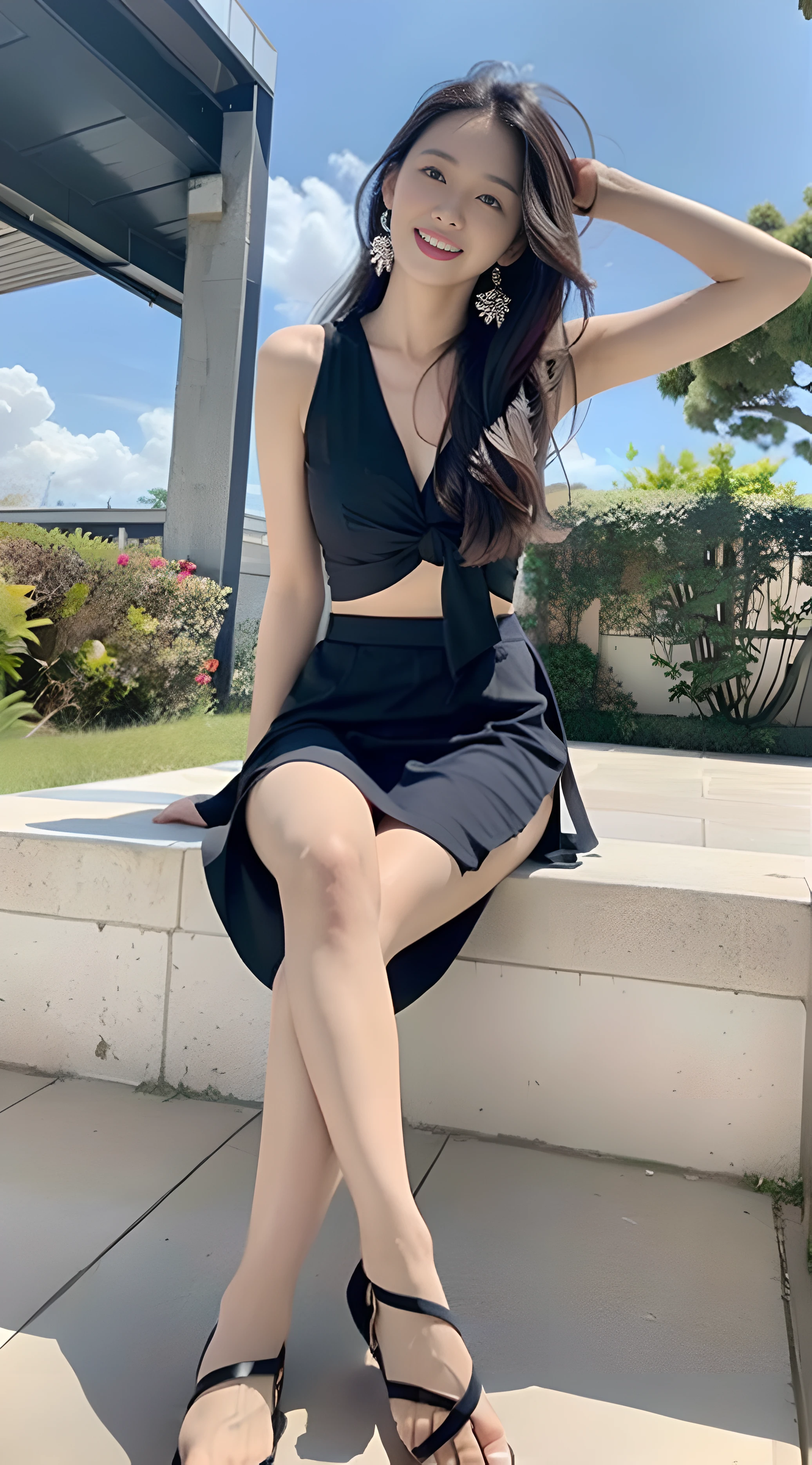 A young and beautiful,Beautiful cute girl,half-body photo。Extremely beautiful and delicate,Black color hair,A sweet smile,(Delicate and beautiful fair skin),Realistic and realistic,exquisite and complete facial features,Detailed depiction of the face,tall nose bridge,Smooth hair,extremely detail hair,Feminine temperament,with a well-proportioned body,Realiy,White teeth,Tied up with hair,Hyper-realism,sandals,Extreme picture quality,Highest precision,Precise and perfect human anatomy,with blue sky and white clouds,rays of sunshine,(Chiffon skirt)(telephoto shot,)Express the landscape,Highlight portrait。Idyllic background,Wearing earrings,Sideways photo,Sit up