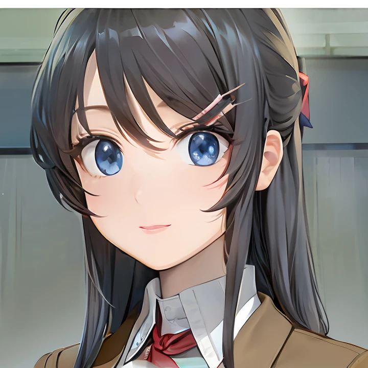 Girl with long black hair in brown jacket and blue eyes and red bow