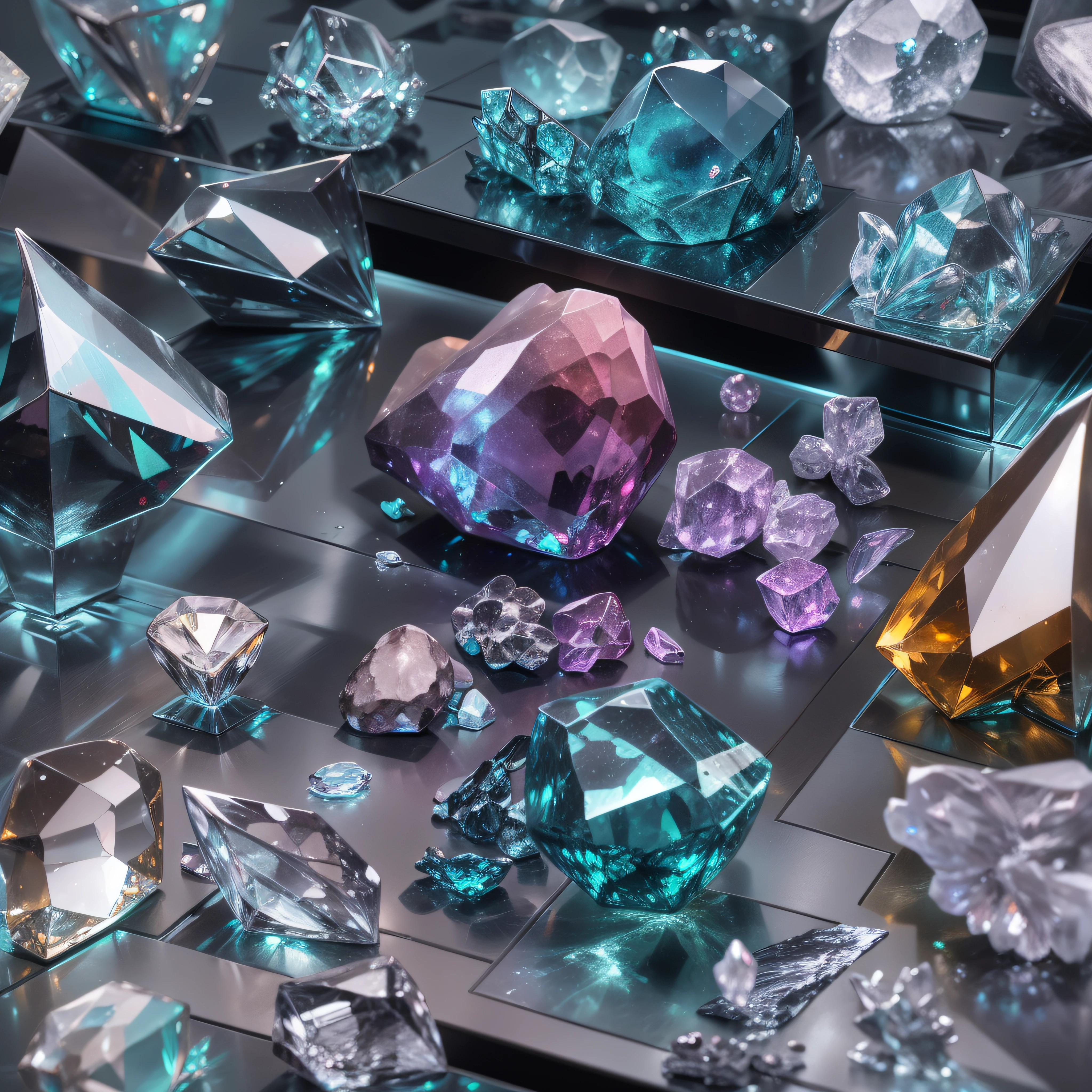 Crystal gemstone jewelry in display case, High-value jewelry,,Puzzles are prohibited, Detailed and complex background, glittery, reflective light, hyper HD, Award-Awarded, A high resolution, High detail, Chiaroscuro, Cinematic lighting, Negative space, Masterpiece, Anatomically correct, Super detail, High quality, High details, Best quality, 16k